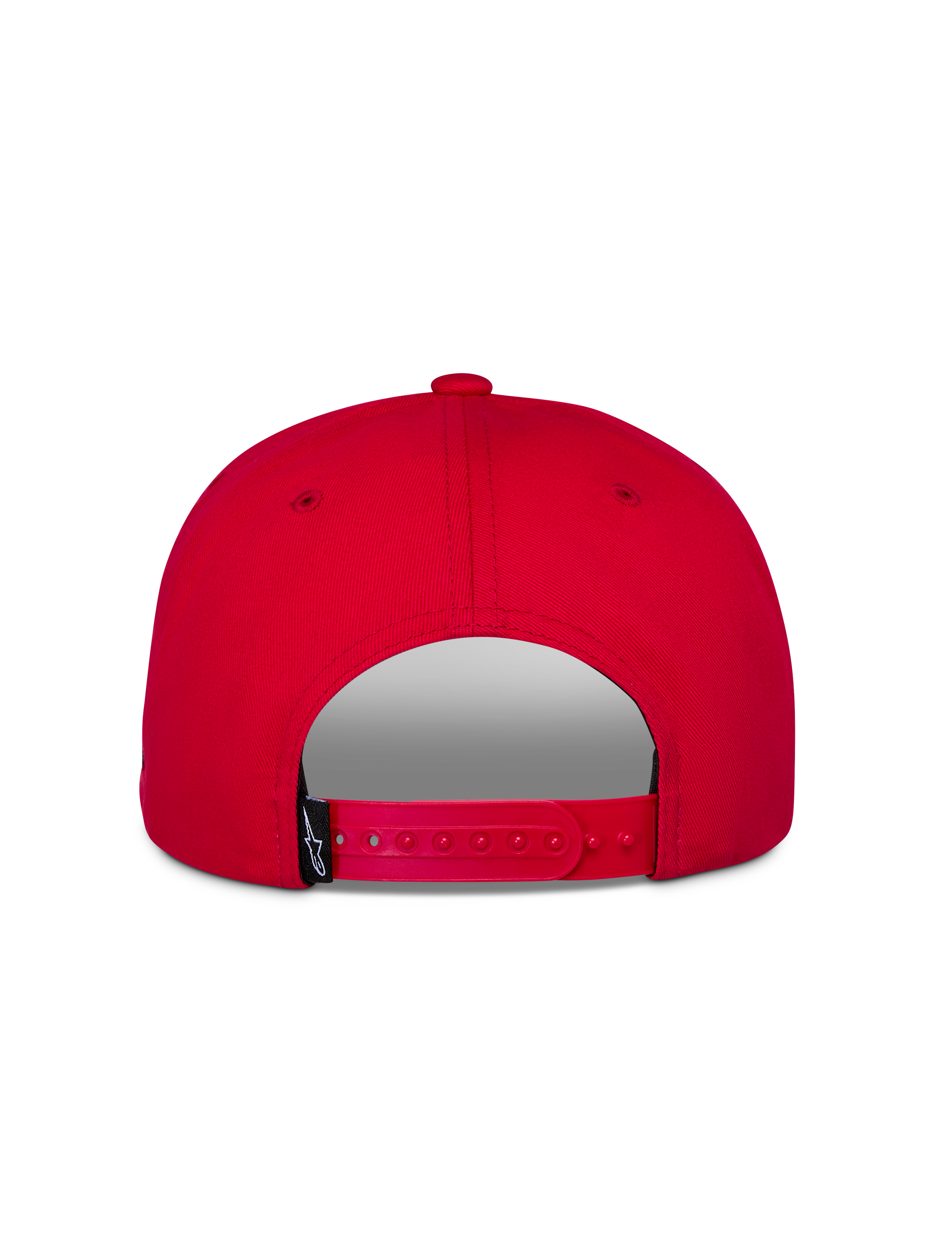 Cappello Alpinestars Thickness Snapback, rosso, vista posteriore con chiusura snapback regolabile, corona strutturata, tessuto twill rosso, piccola etichetta nera del brand