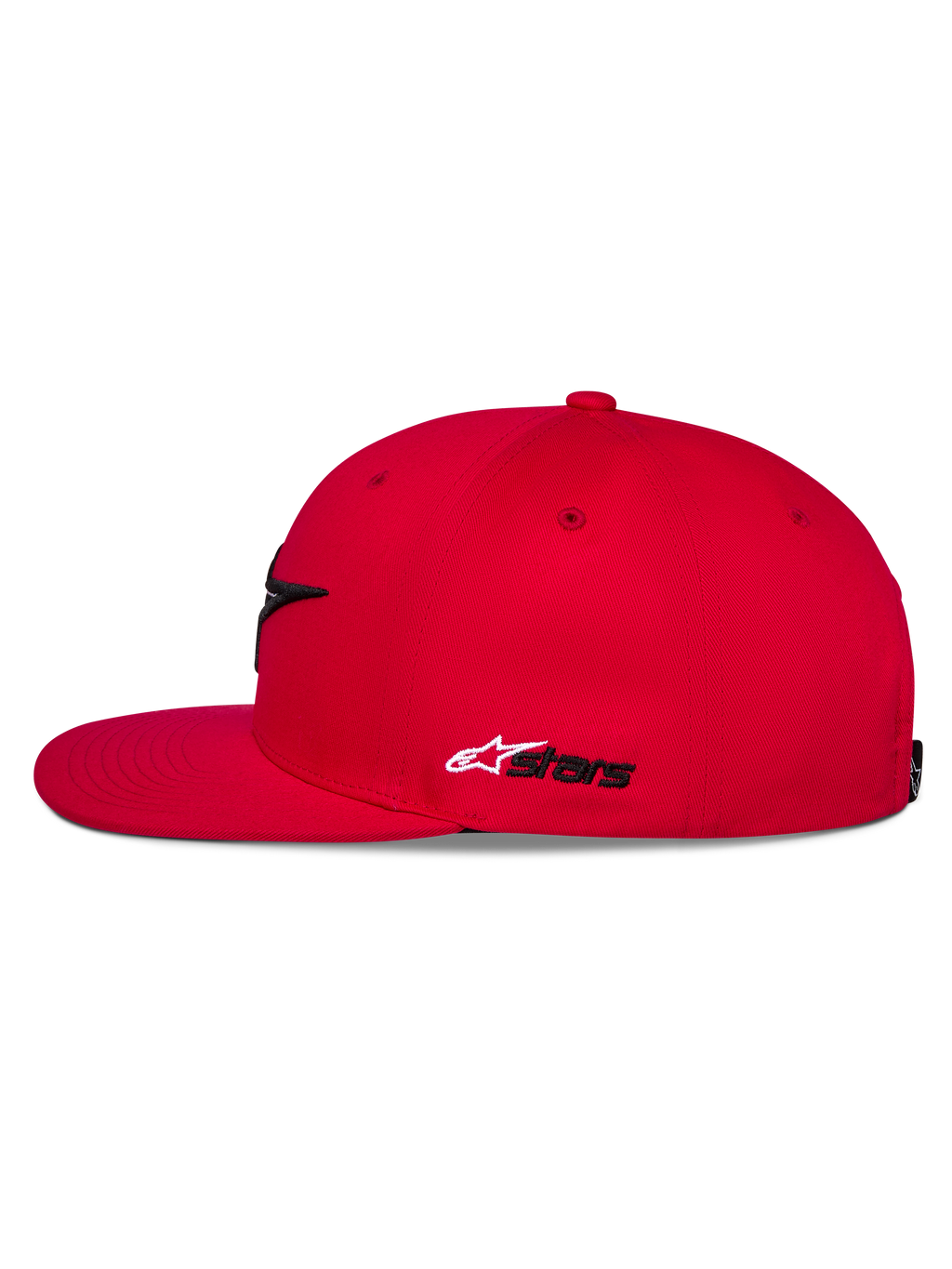 Cappello Alpinestars Thickness Snapback, rosso, vista laterale, visiera piatta e corona strutturata, ricamo Astars laterale bianco e nero, copricapo casual ispirato al motorsport