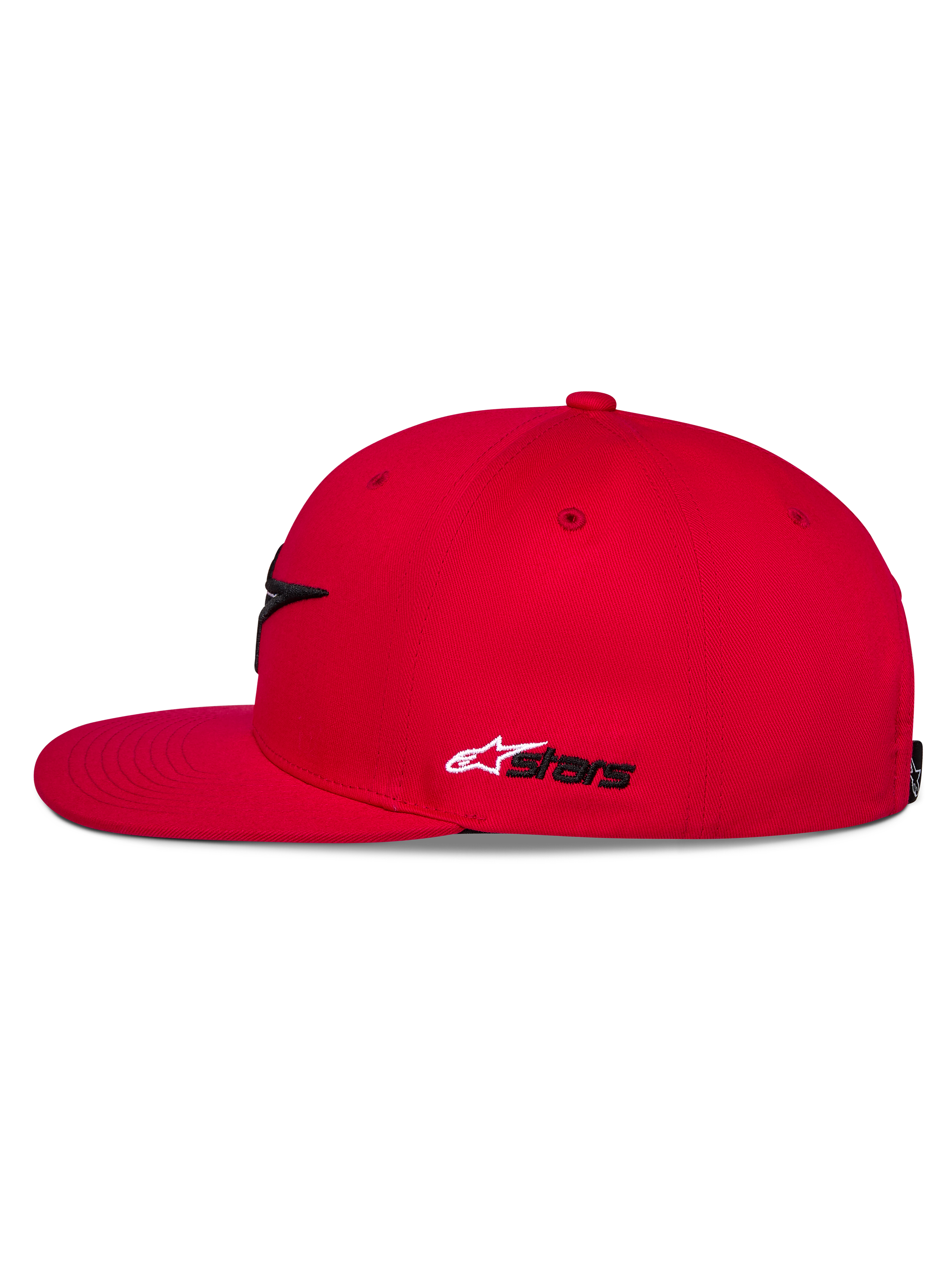 Cappello Alpinestars Thickness Snapback, rosso, vista laterale, visiera piatta e corona strutturata, ricamo Astars laterale bianco e nero, copricapo casual ispirato al motorsport