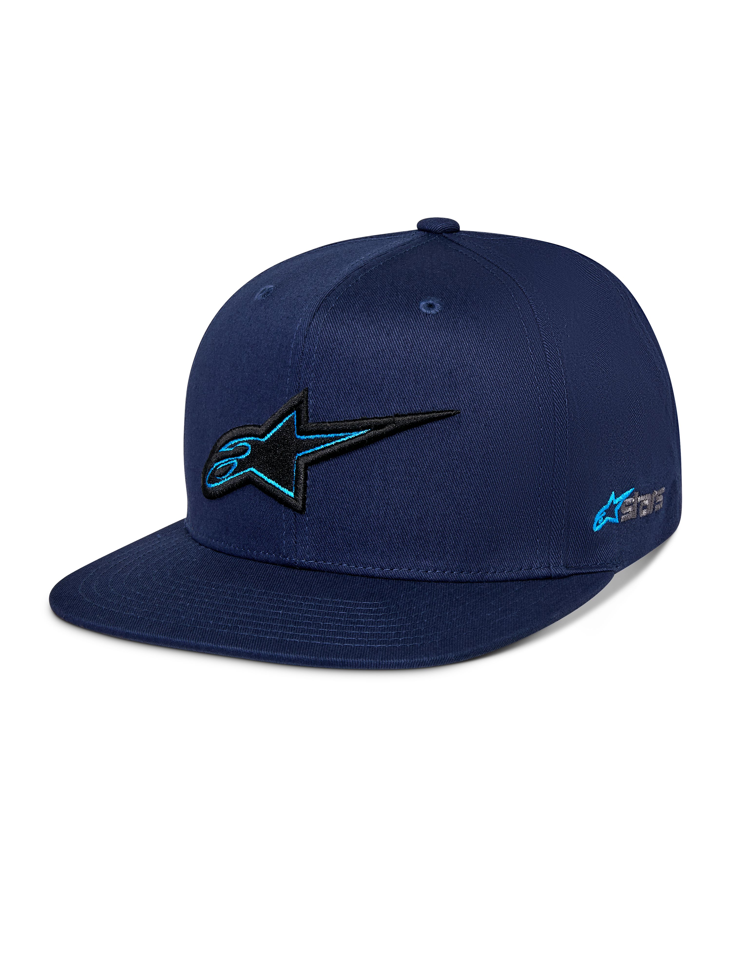 Alpinestars Thickness Snapback Hat, blu navy, corona strutturata con visiera piatta, logo Astars ricamato in 3D nero con profilo azzurro, ricamo del logo laterale, streetwear casual ispirato al motorsport