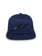 Cappello Alpinestars Thickness Snapback, berretto blu navy, vista frontale, logo Astars ricamato in 3D nero e blu, visiera piatta, streetwear casual da motorsport