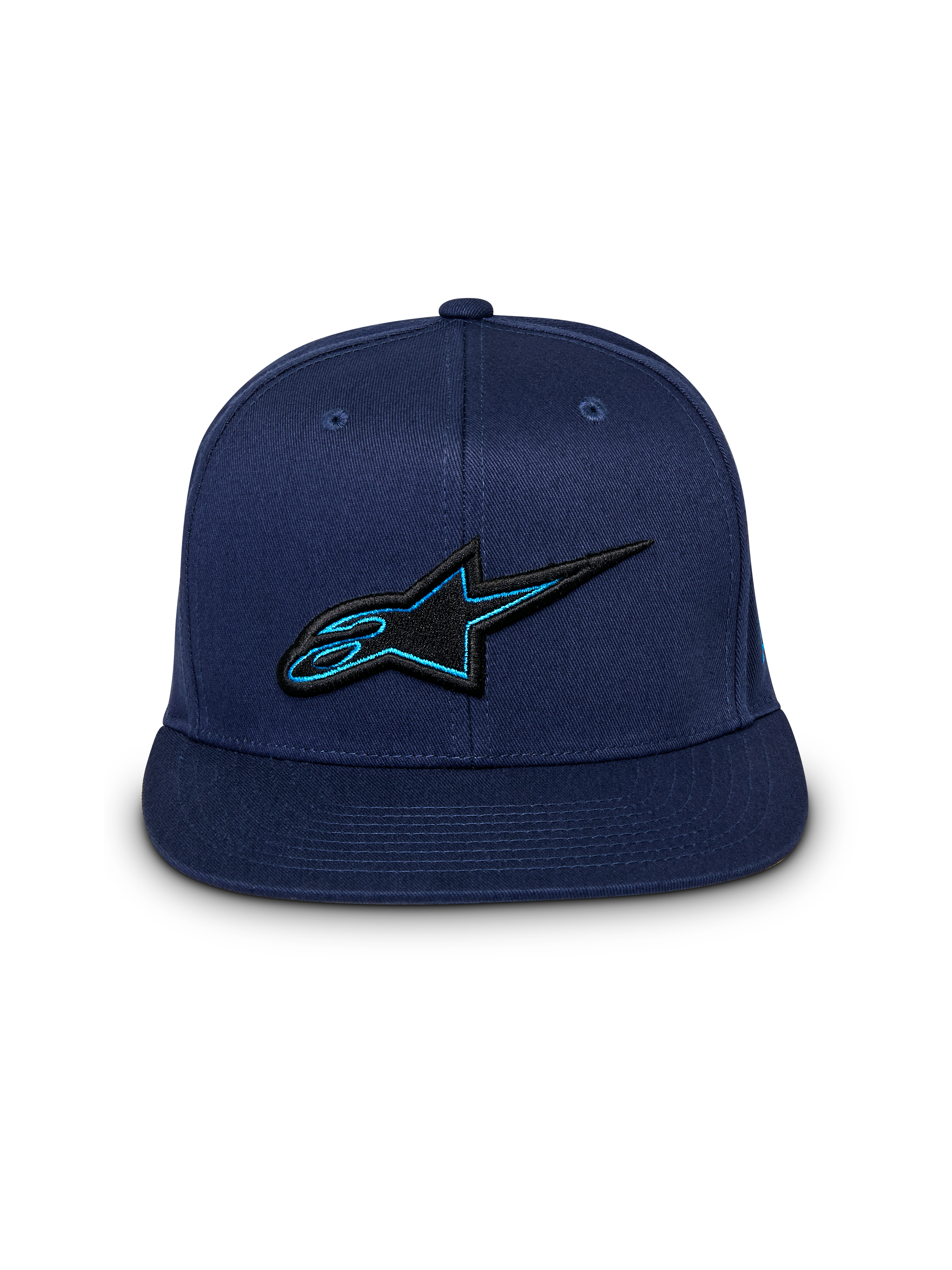 Cappello Alpinestars Thickness Snapback, berretto blu navy, vista frontale, logo Astars ricamato in 3D nero e blu, visiera piatta, streetwear casual da motorsport