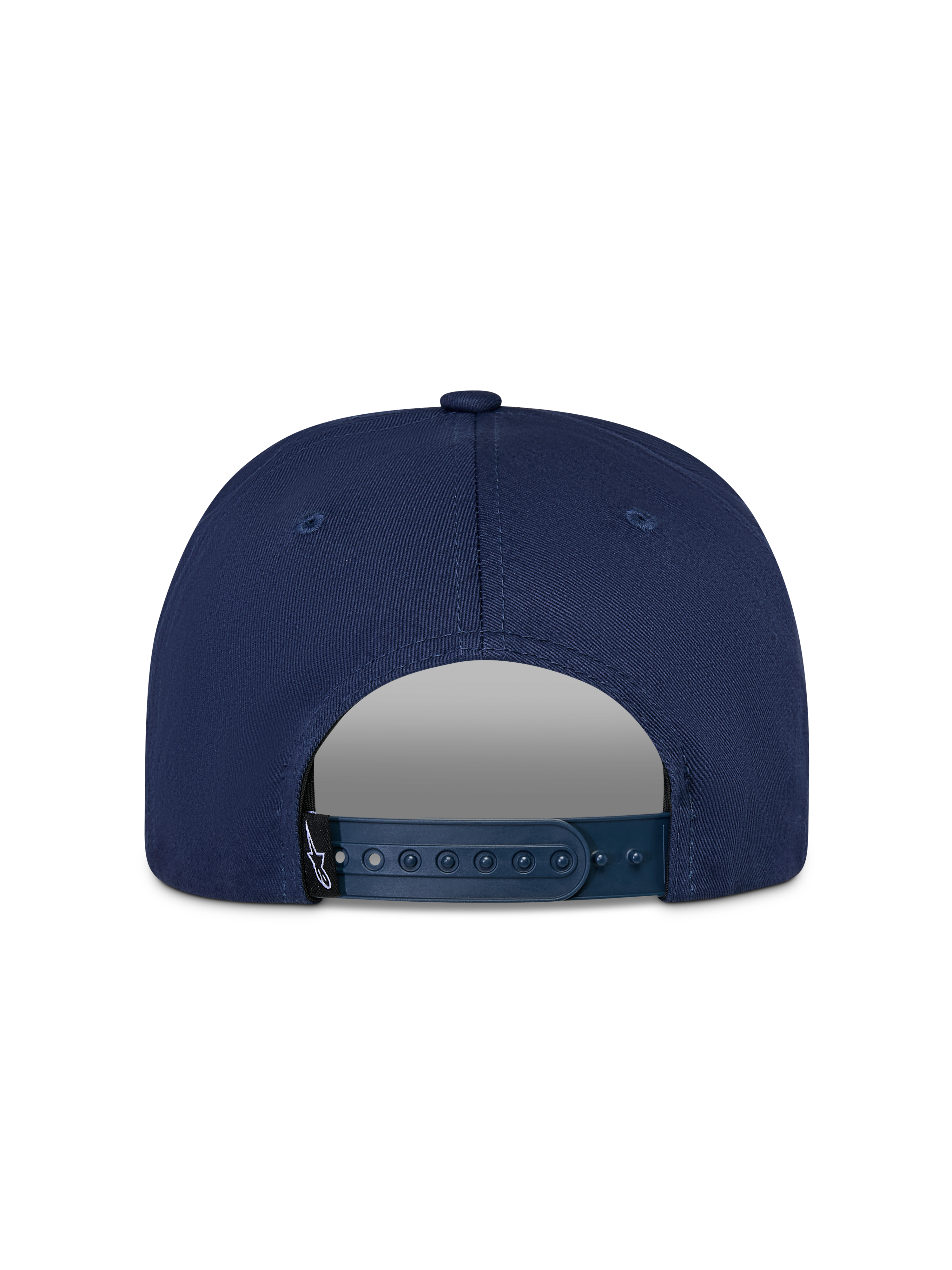 Cappello Snapback Alpinestars Thickness, blu navy, vista posteriore con chiusura snapback regolabile e piccola etichetta nera con logo Astars, struttura in twill di cotone