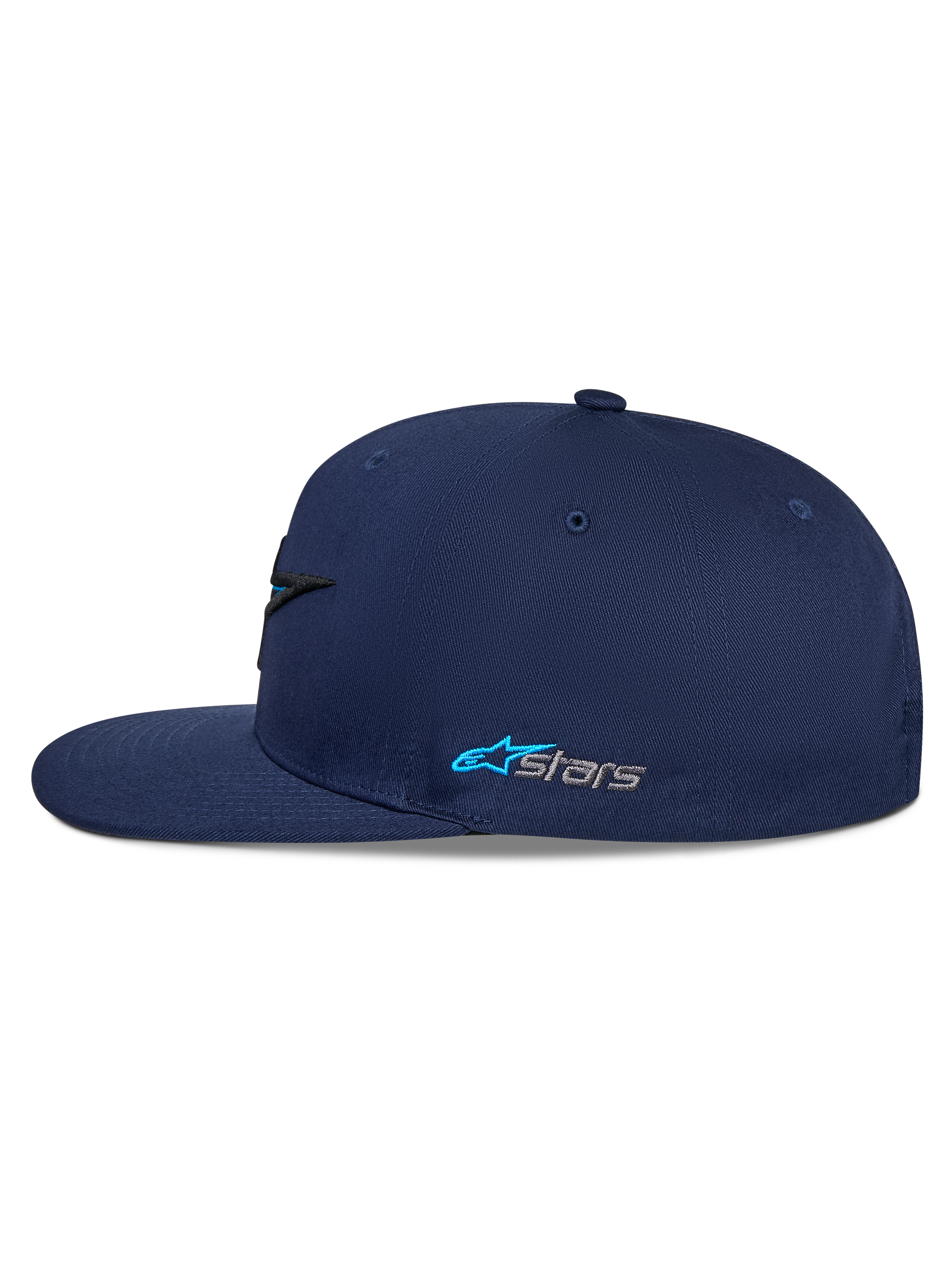 Cappello Alpinestars Thickness Snapback, blu navy, vista laterale, visiera piatta con corona strutturata, logo Astars laterale ricamato in azzurro e grigio, casual motorsport streetwear
