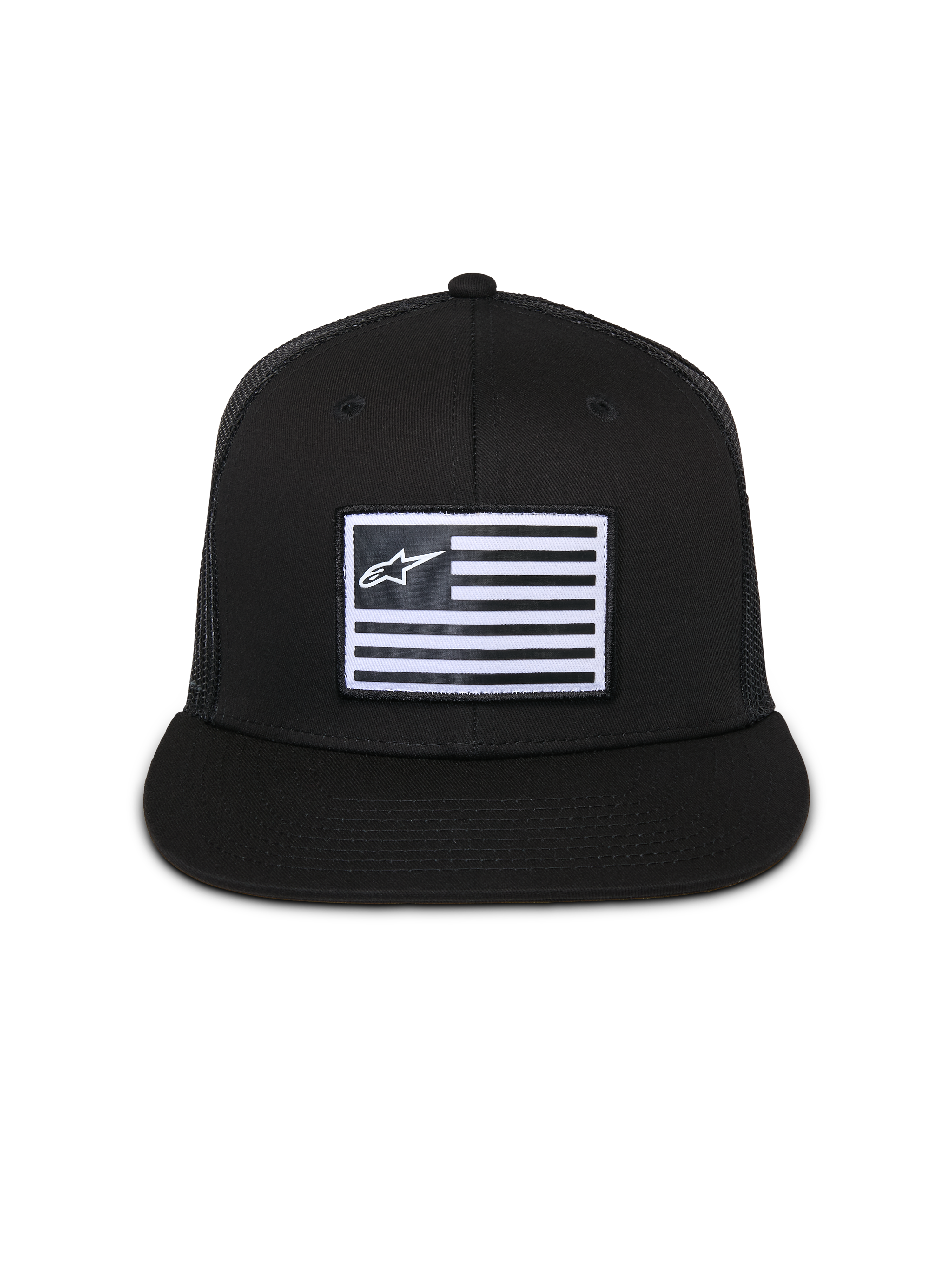 Cappello Alpinestars Flag Flat Trucker, nero, berretto con visiera piatta e corona strutturata, patch rettangolare centrale con bandiera bianca e logo Alpinestars, retro in rete, streetwear casual ispirato al motorsport
