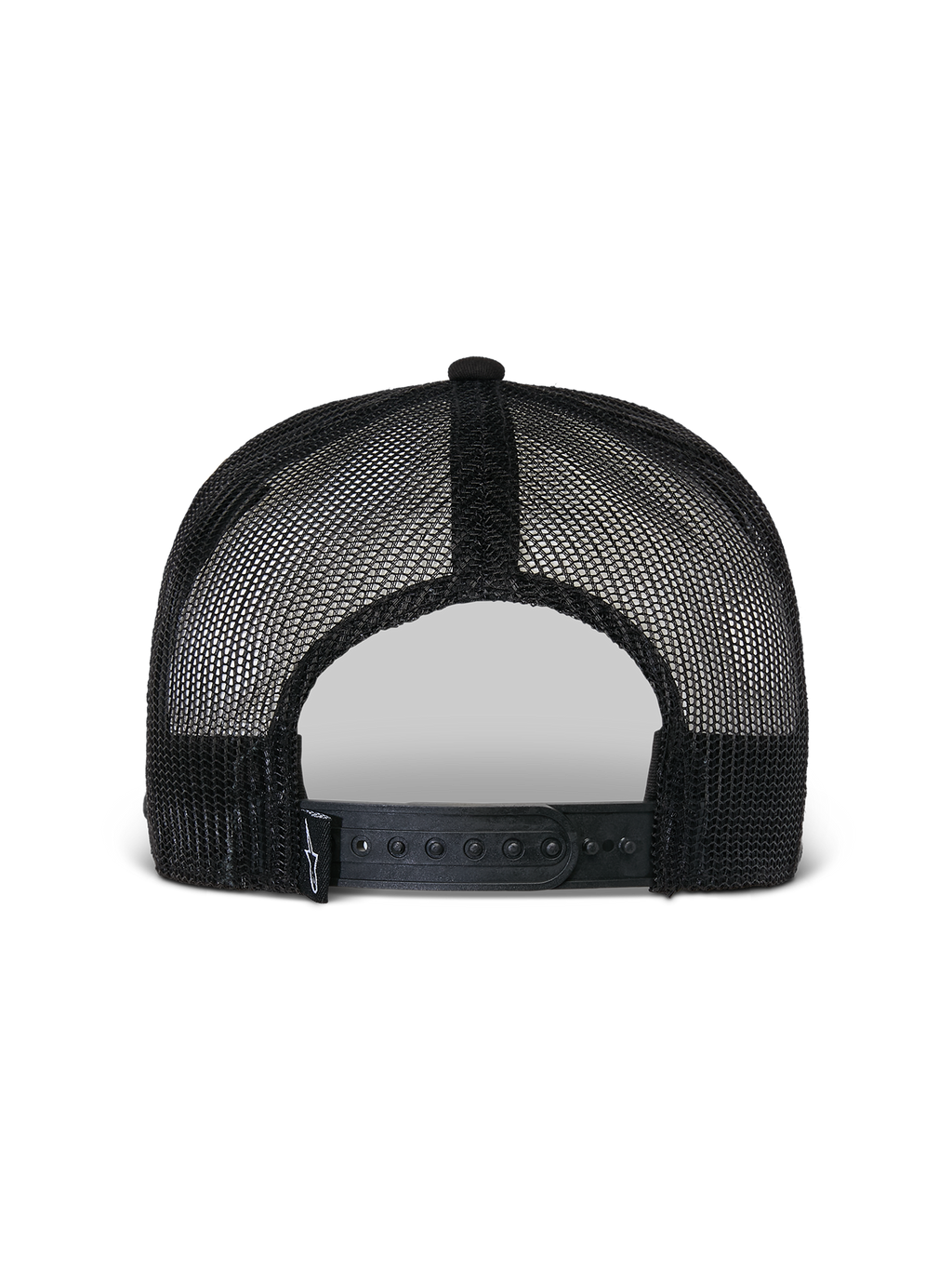 Cappello Flag Flat Trucker Alpinestars, nero, vista posteriore con struttura in rete di poliestere traspirante, chiusura snapback regolabile, piccolo dettaglio del logo in tessuto, copricapo casual da motorsport