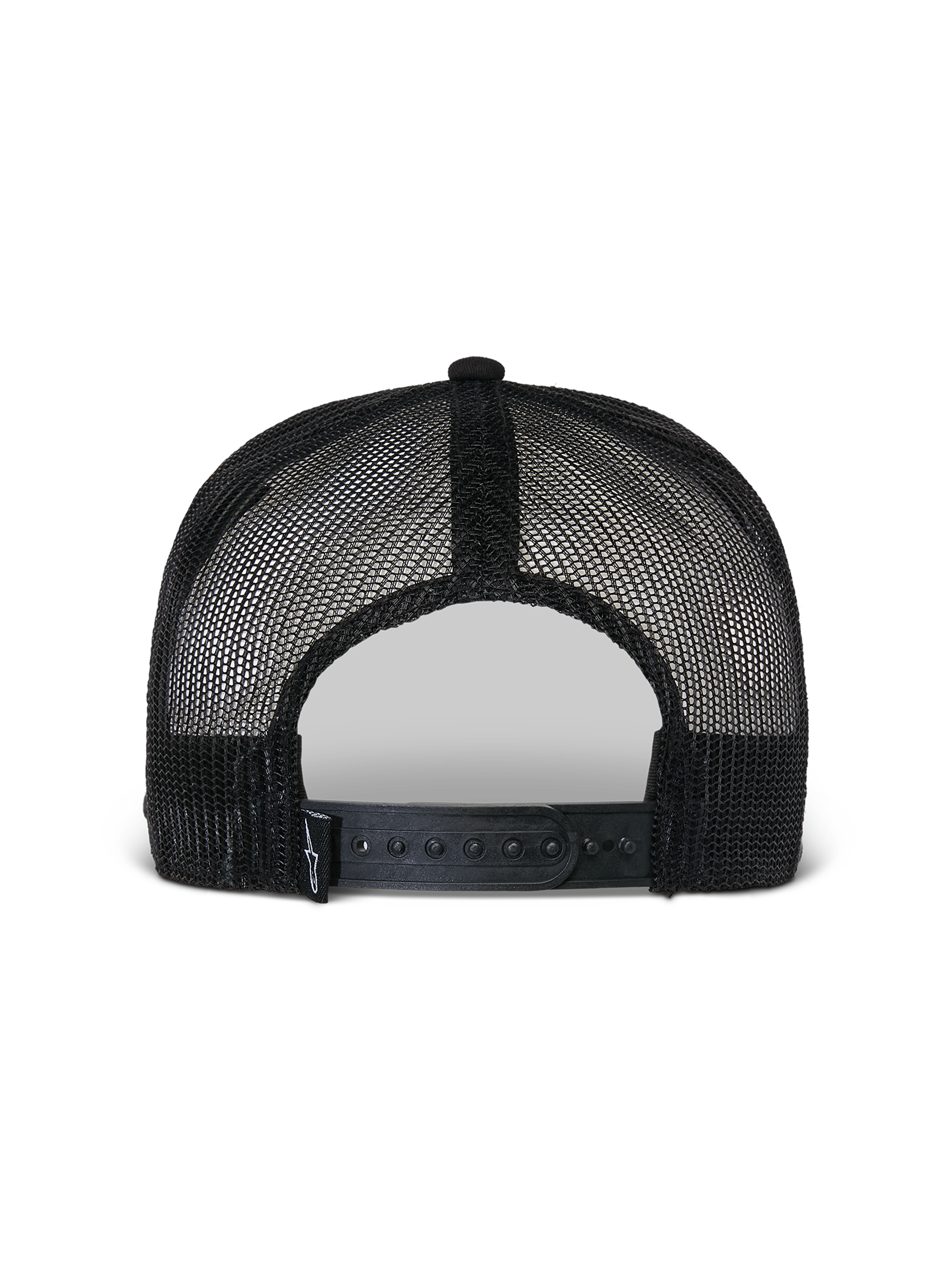 Cappello Flag Flat Trucker Alpinestars, nero, vista posteriore con struttura in rete di poliestere traspirante, chiusura snapback regolabile, piccolo dettaglio del logo in tessuto, copricapo casual da motorsport