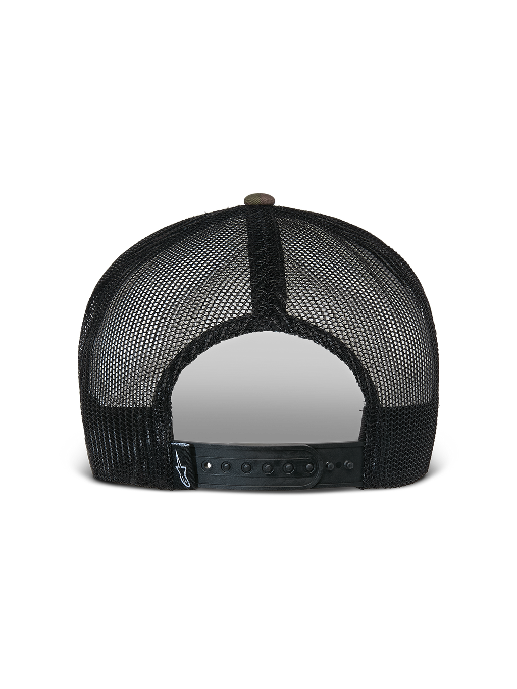 Alpinestars Cappello Flag Flat Trucker, camo verde e nero, vista posteriore con pannelli in rete nera traspirante e chiusura snapback regolabile con piccola etichetta con logo, copricapo casual ispirato al motorsport