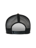 Alpinestars Cappello Flag Flat Trucker, camo verde e nero, vista posteriore con pannelli in rete nera traspirante e chiusura snapback regolabile con piccola etichetta con logo, copricapo casual ispirato al motorsport