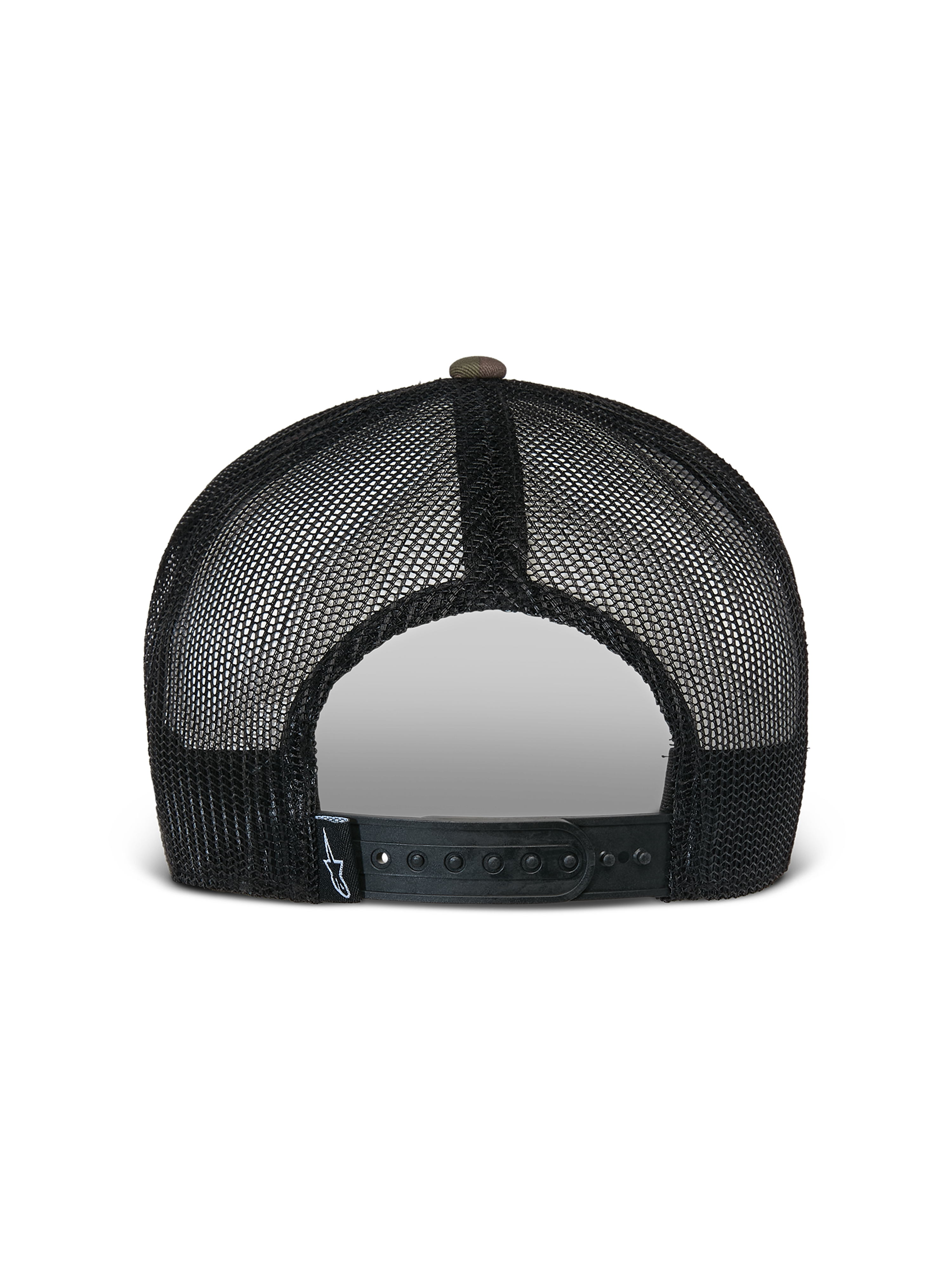 Alpinestars Cappello Flag Flat Trucker, camo verde e nero, vista posteriore con pannelli in rete nera traspirante e chiusura snapback regolabile con piccola etichetta con logo, copricapo casual ispirato al motorsport