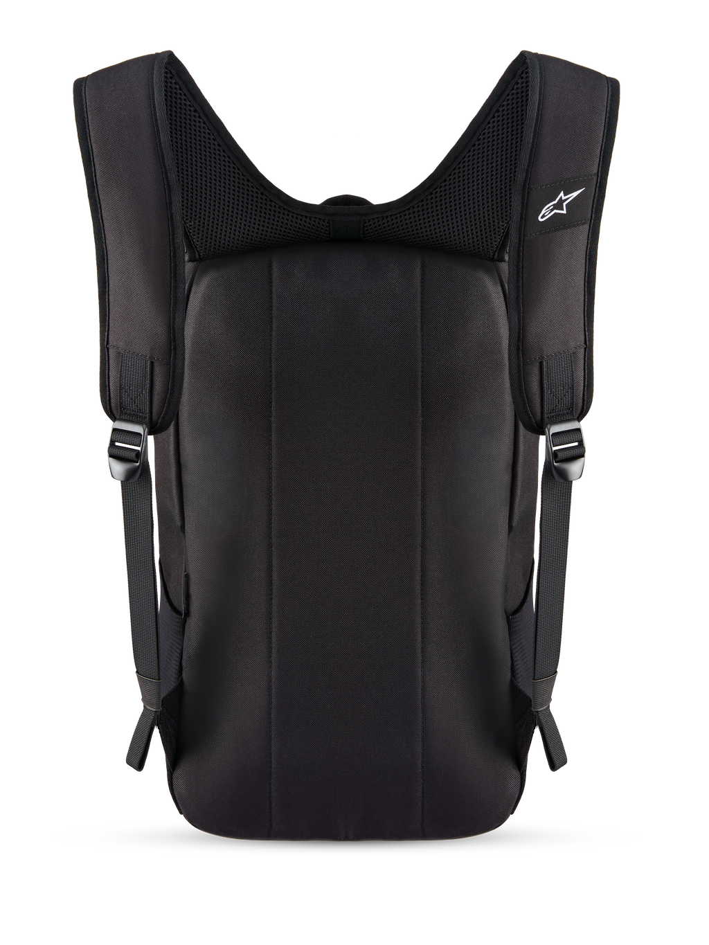 Zaino Alpinestars Defcon V3, nero, vista posteriore con pannello imbottito e spallacci in rete traspirante, piccolo logo Alpinestars bianco sullo spallaccio, struttura in poliestere 600D resistente per l'uso quotidiano