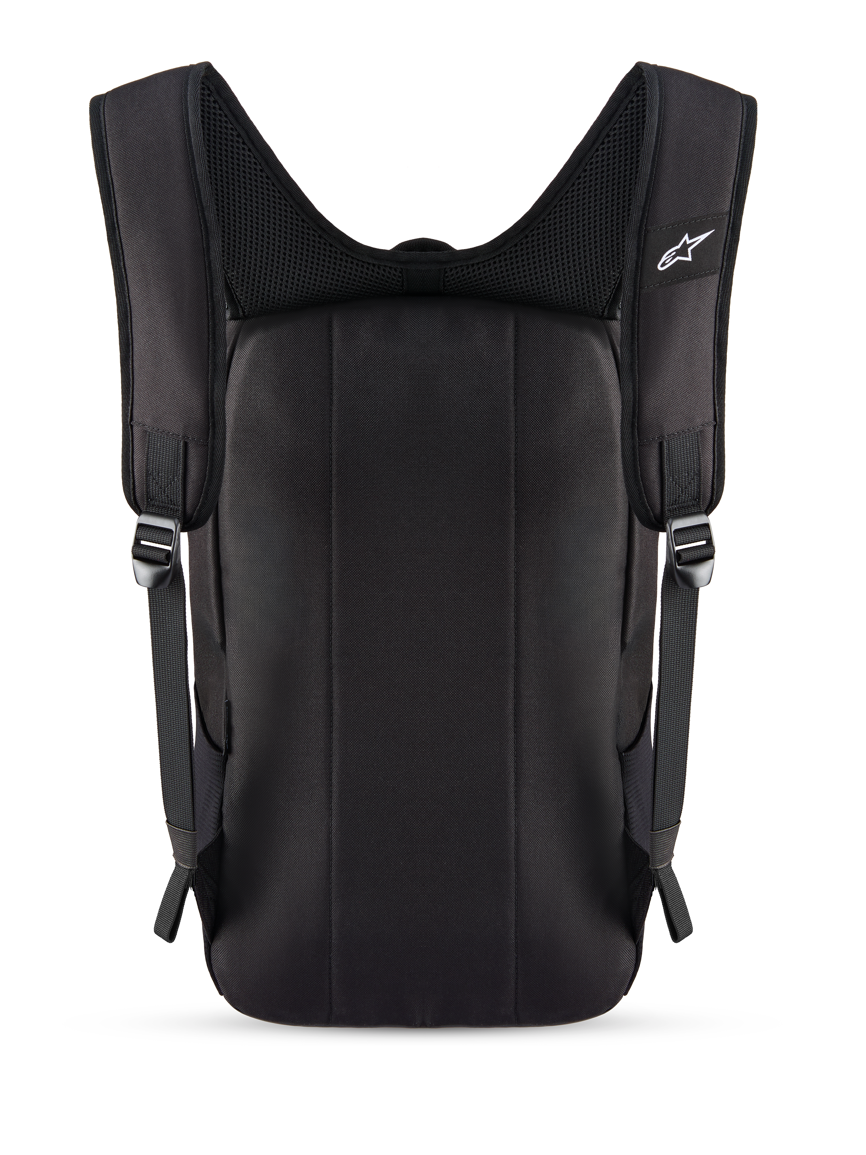 Zaino Alpinestars Defcon V3, nero, vista posteriore con pannello imbottito e spallacci in rete traspirante, piccolo logo Alpinestars bianco sullo spallaccio, struttura in poliestere 600D resistente per l'uso quotidiano
