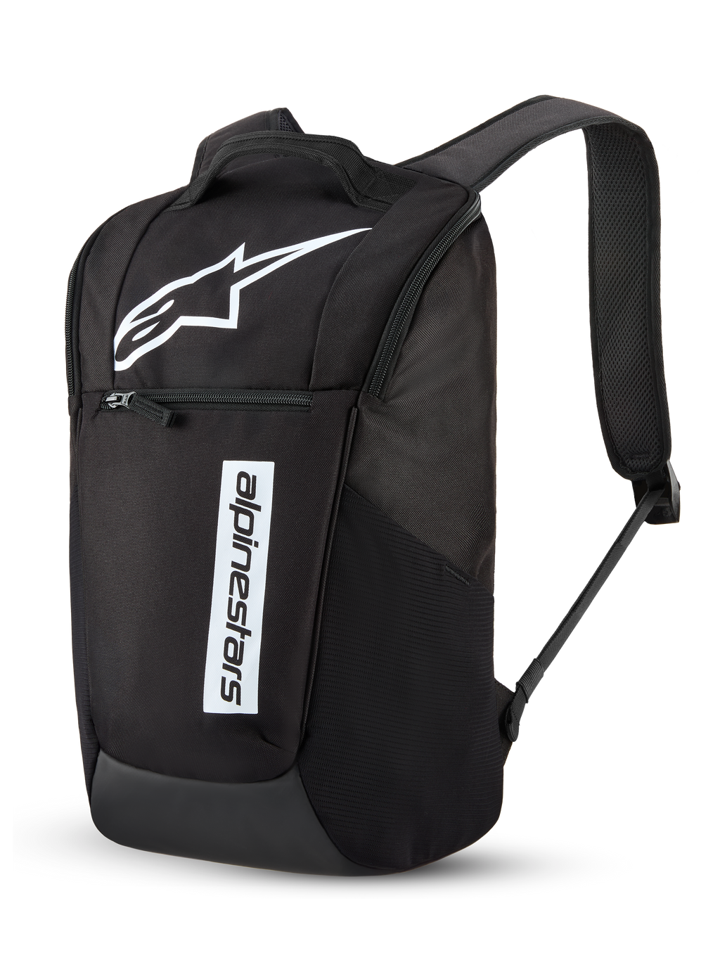 Zaino Alpinestars Defcon V3, zaino giornaliero, nero e bianco, con grande logo Astar bianco e scritta Alpinestars verticale, tasca frontale con cerniera, spallacci imbottiti in rete traspirante, poliestere 600D resistente, design casual ispirato al motorsport