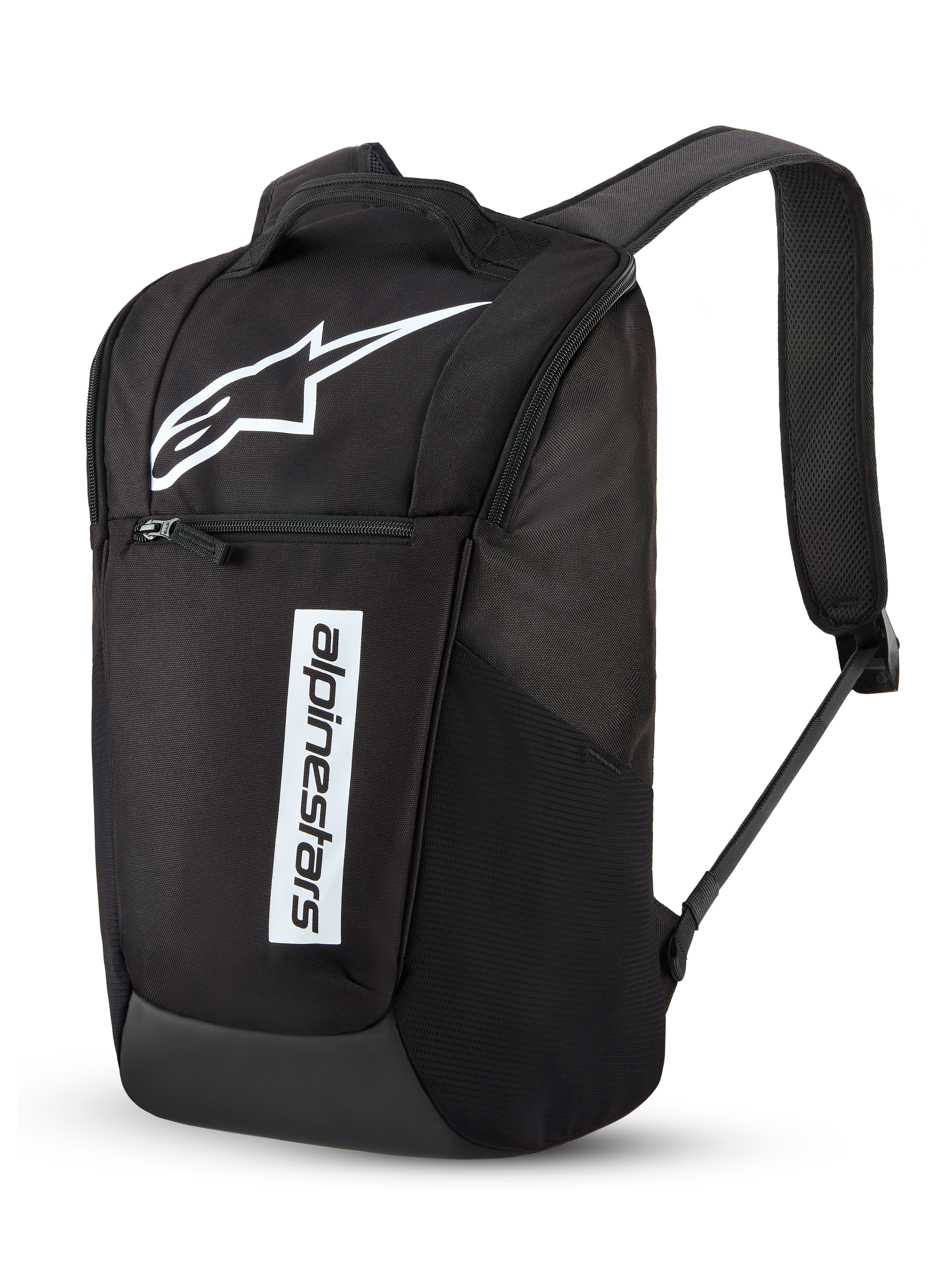 Zaino Alpinestars Defcon V3, zaino giornaliero, nero e bianco, con grande logo Astar bianco e scritta Alpinestars verticale, tasca frontale con cerniera, spallacci imbottiti in rete traspirante, poliestere 600D resistente, design casual ispirato al motorsport