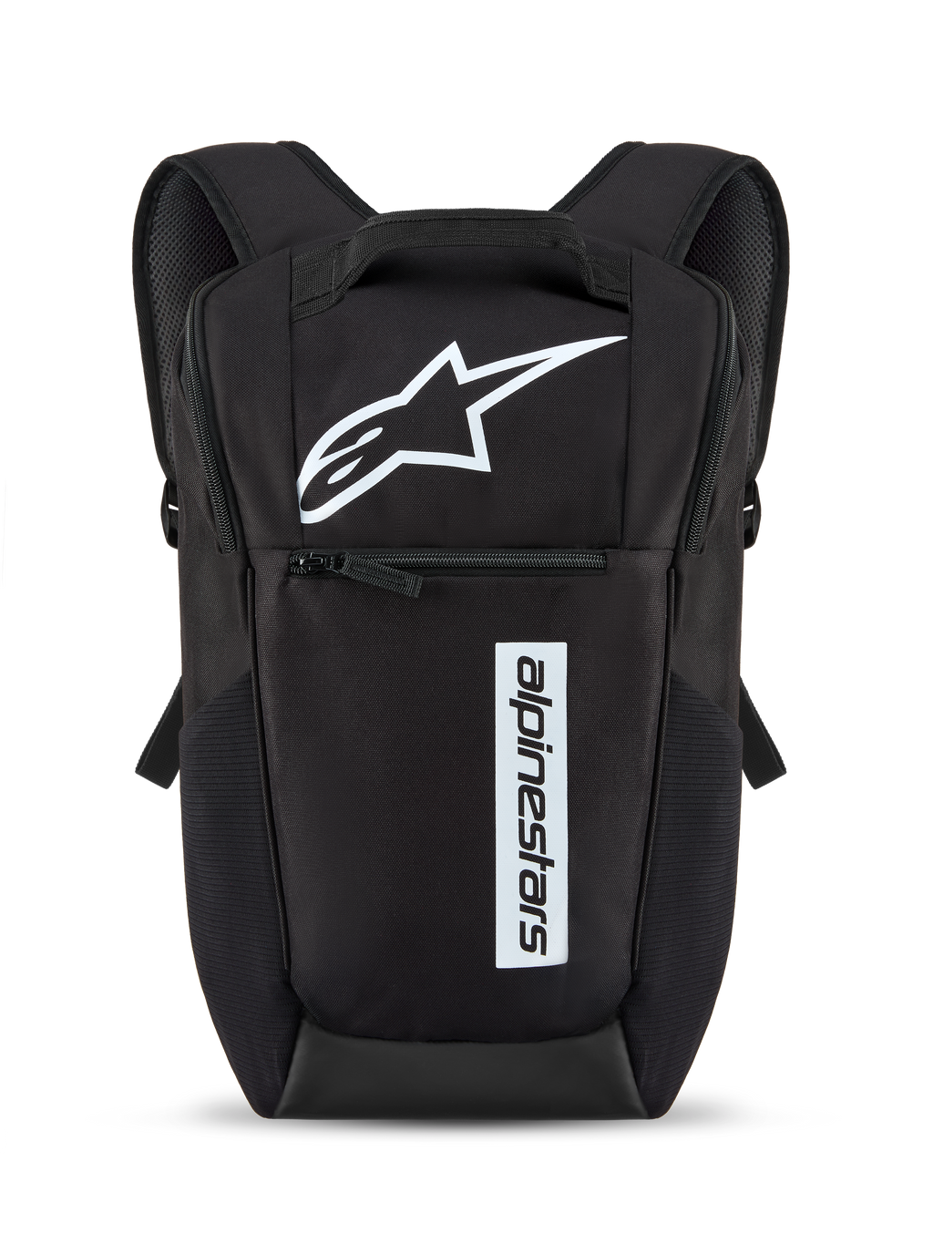 Zaino Alpinestars Defcon V3, nero e bianco, piccolo zaino per uso quotidiano con logo a stella bianco e marchio verticale, tasca frontale con cerniera, spallacci imbottiti, materiale in poliestere 600D resistente