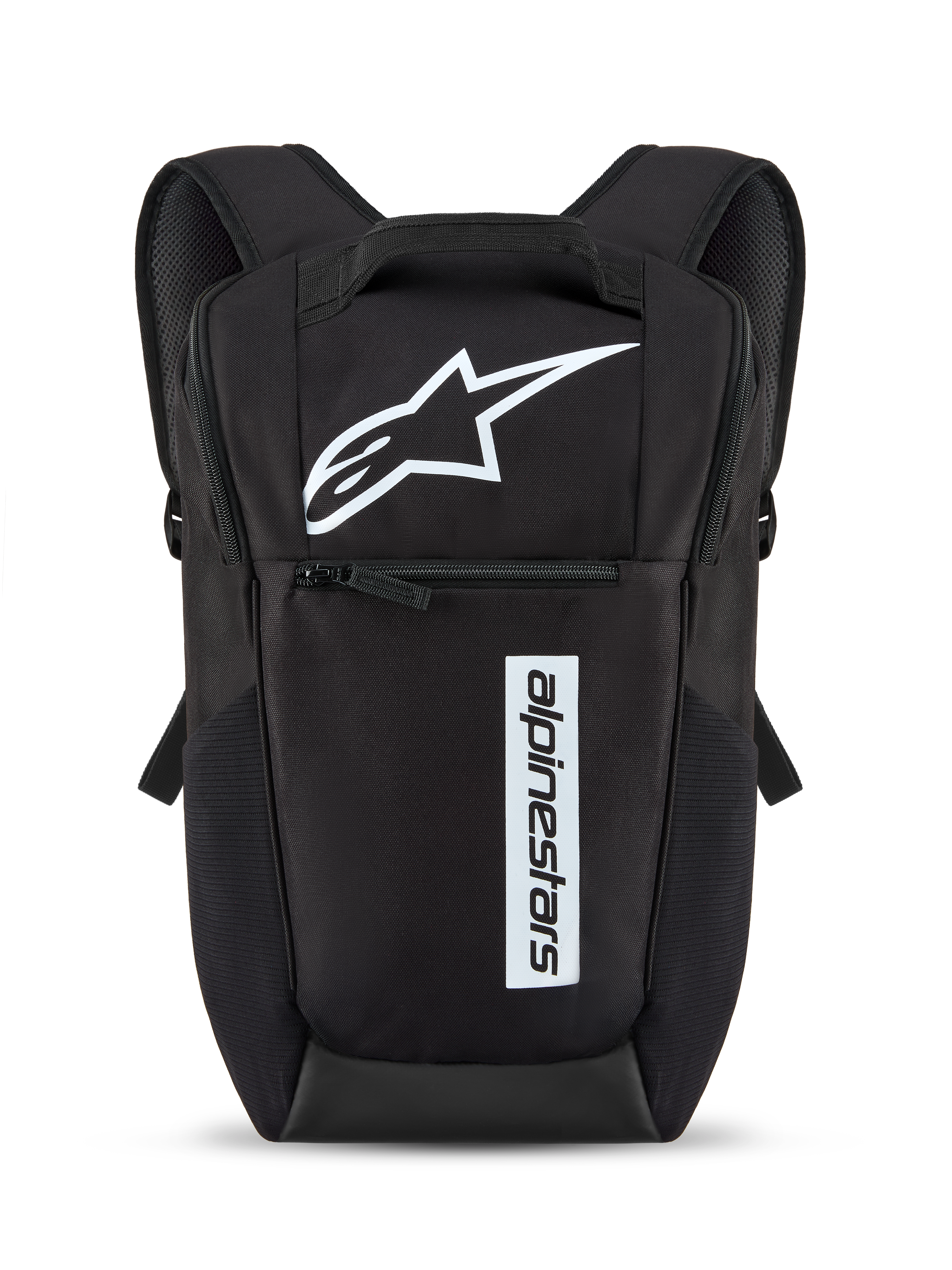 Zaino Alpinestars Defcon V3, nero e bianco, piccolo zaino per uso quotidiano con logo a stella bianco e marchio verticale, tasca frontale con cerniera, spallacci imbottiti, materiale in poliestere 600D resistente