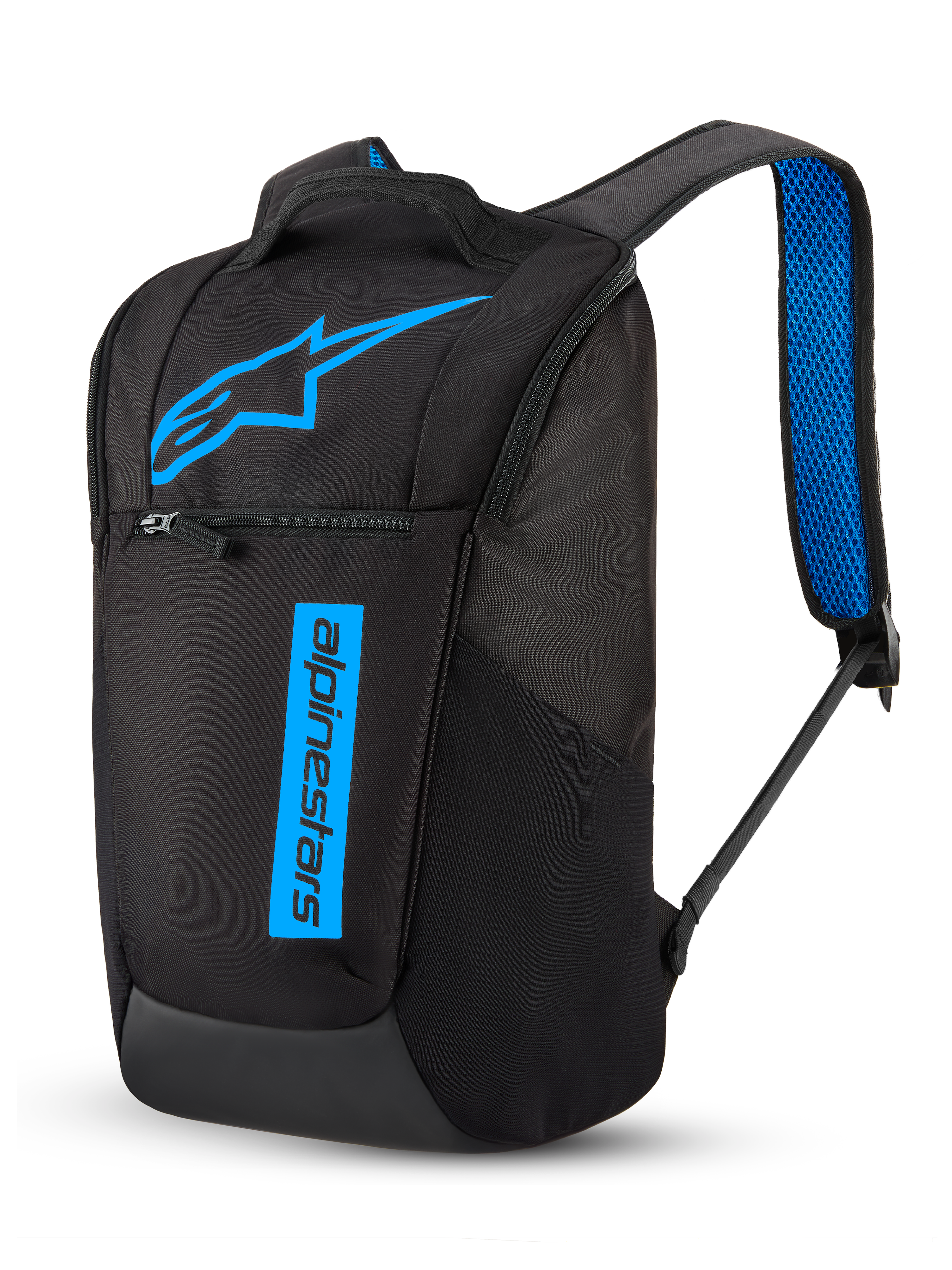 Alpinestars zaino Defcon V3, zaino da giorno per sportswear e tempo libero, nero e blu, capacità 13,6L, realizzato in poliestere 600D resistente con loghi blu stampati e spallacci imbottiti in rete traspirante blu.