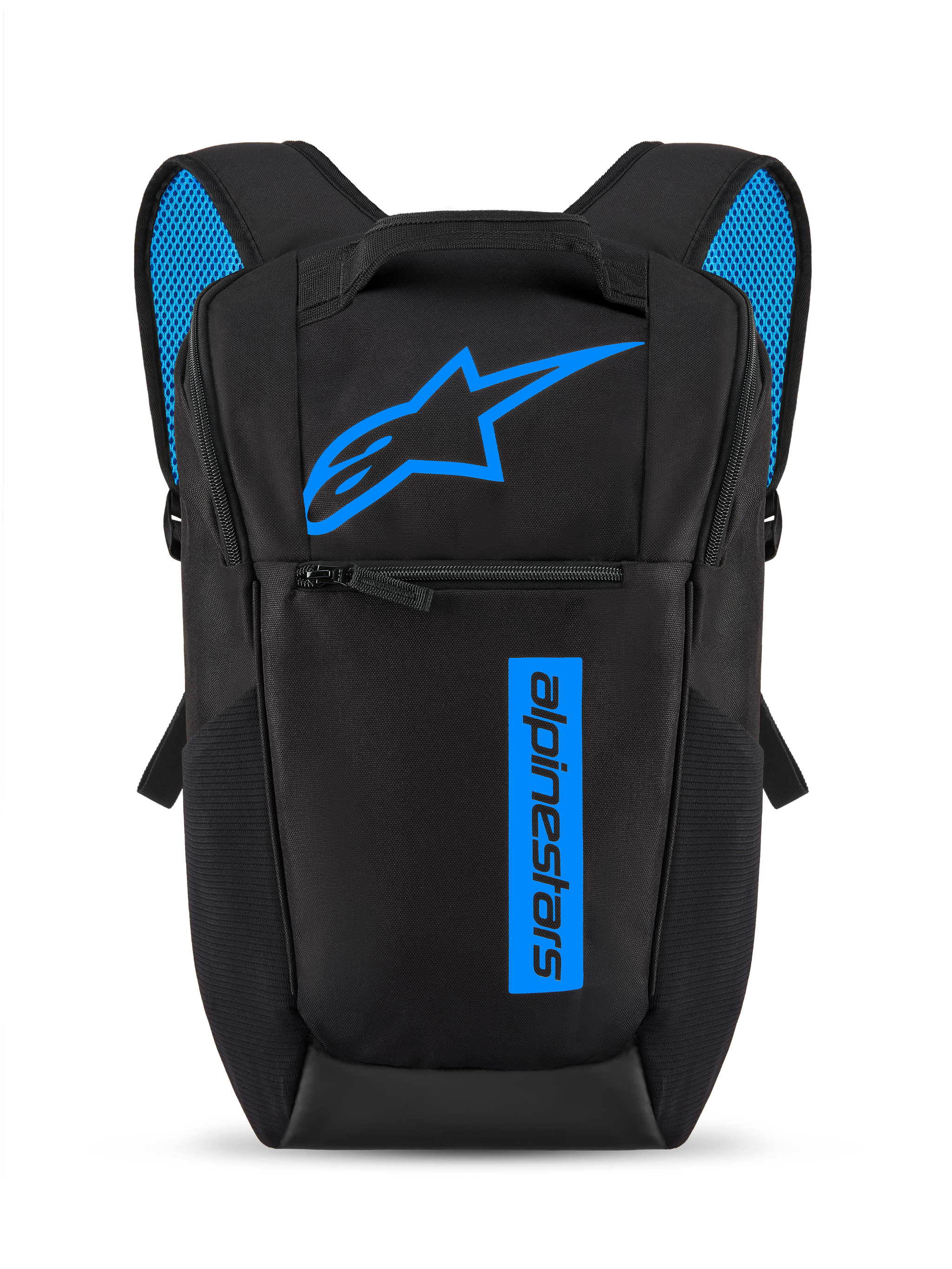 Zaino Alpinestars Defcon V3, nero e blu, piccolo zaino giornaliero con logo Astars blu brillante e marchio verticale, tasca frontale con zip, spallacci imbottiti con rete traspirante blu, materiale resistente in poliestere 600D