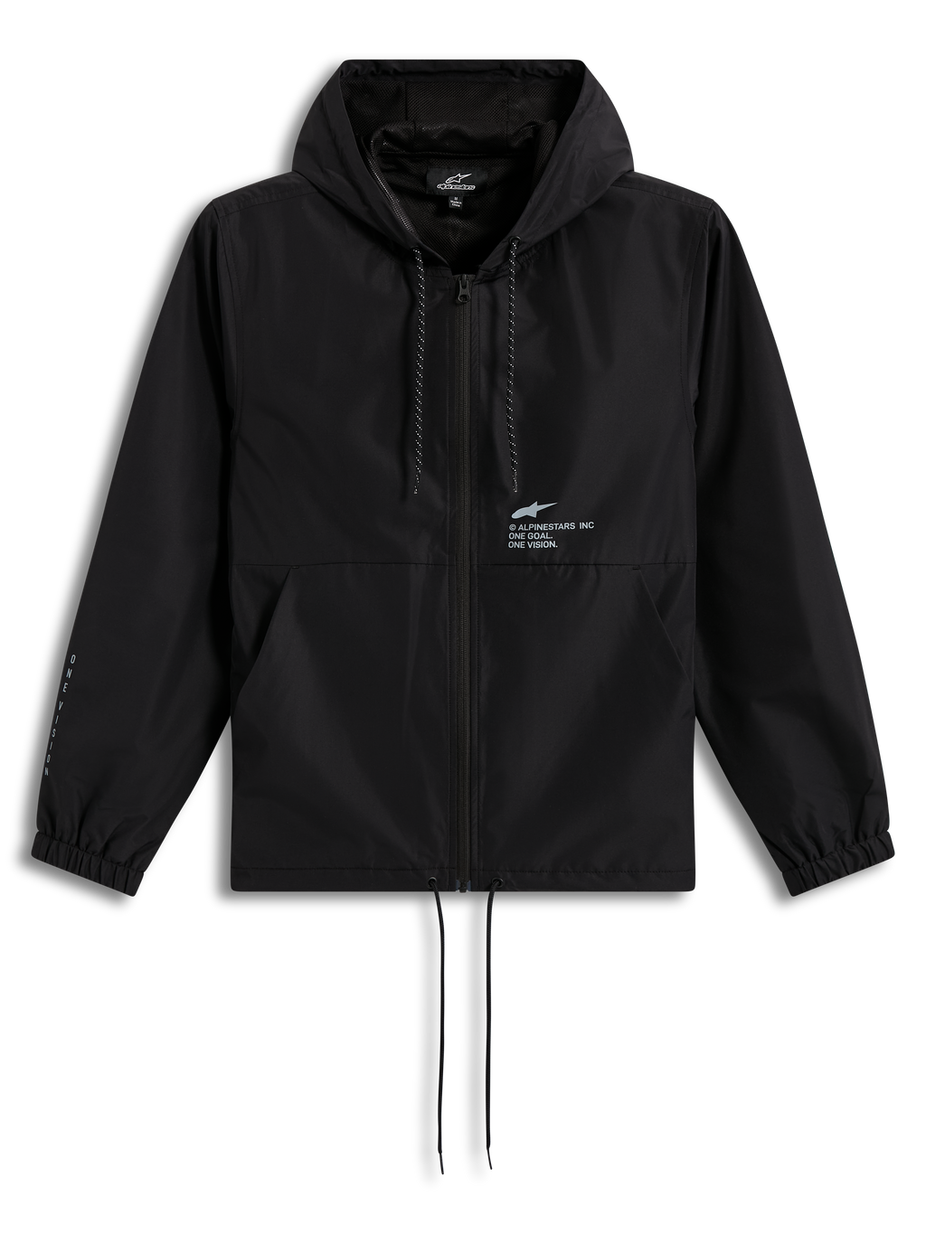 Alpinestars Speeder Resolve Frangivento, giacca con cappuccio leggera nera, cerniera frontale, logo sul petto e fodera interna in rete, abbigliamento casual sportivo.