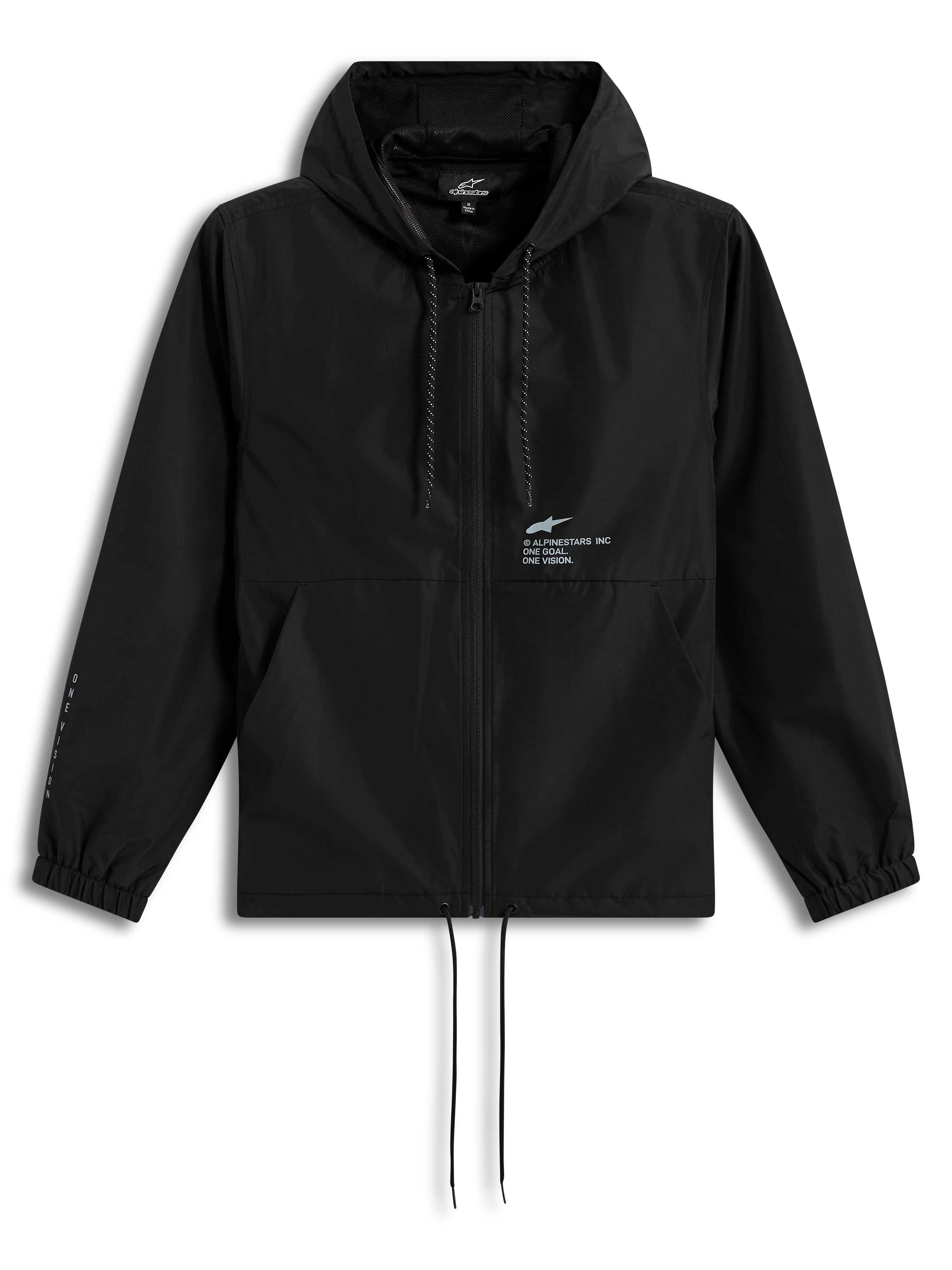 Alpinestars Speeder Resolve Frangivento, giacca con cappuccio leggera nera, cerniera frontale, logo sul petto e fodera interna in rete, abbigliamento casual sportivo.