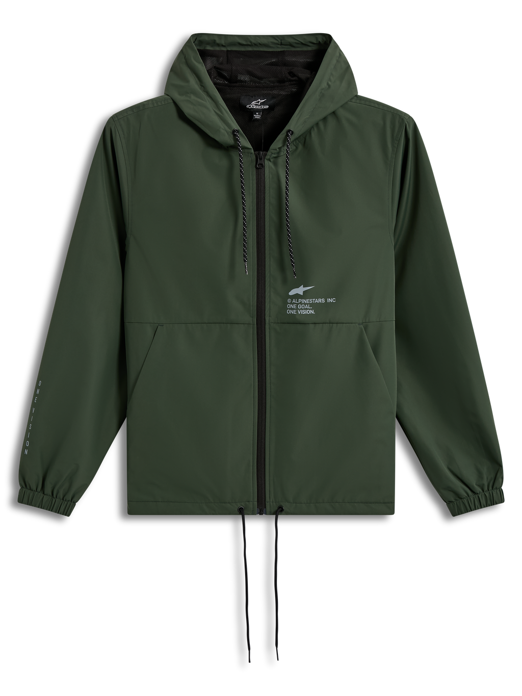 Alpinestars Speeder Resolve Windbreaker Giacca, giacca frangivento sportiva con cappuccio, verde pino, fodera in rete, cordini regolabili e logo Astars sul petto.