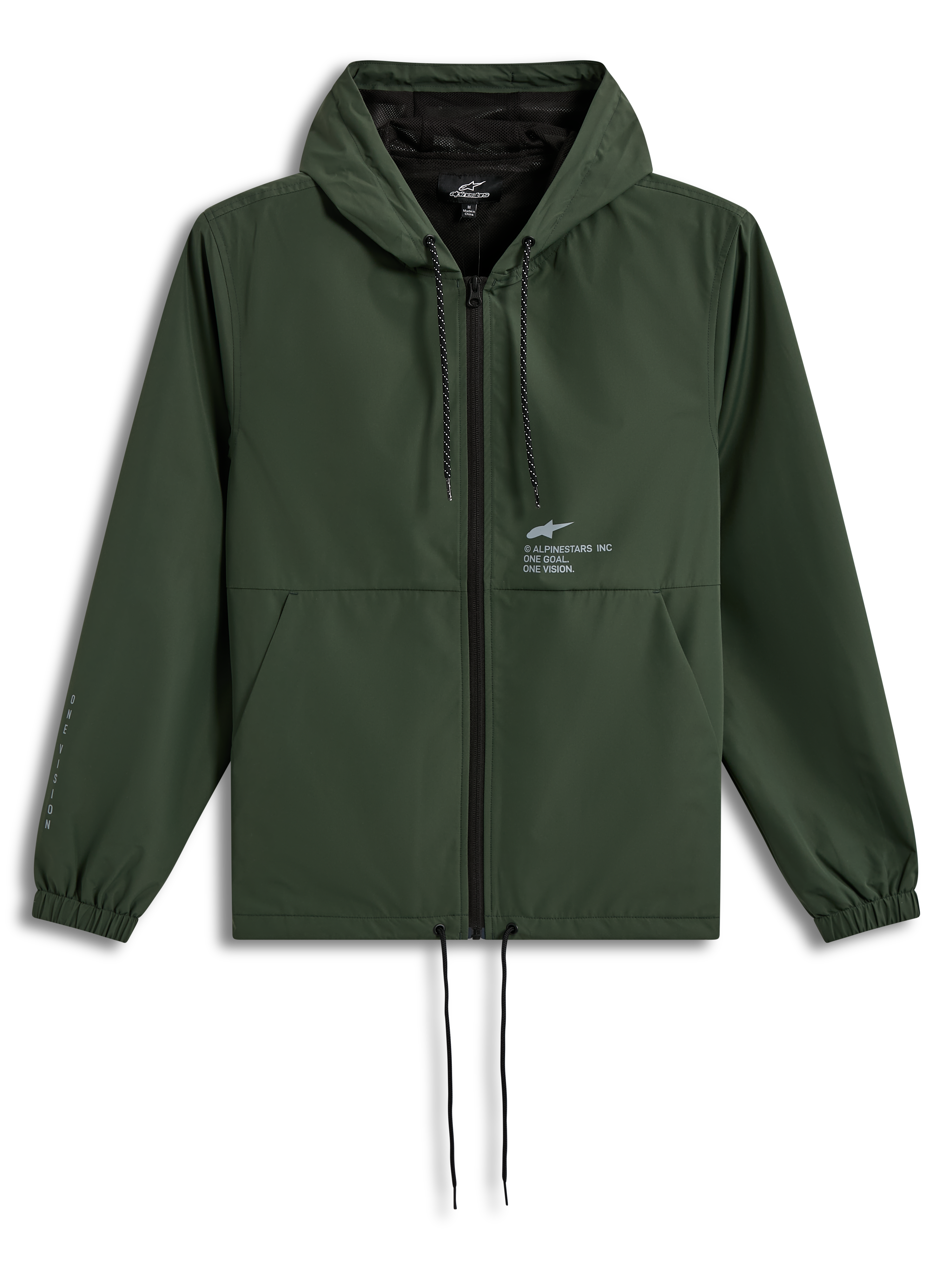 Alpinestars Speeder Resolve Windbreaker Giacca, giacca frangivento sportiva con cappuccio, verde pino, fodera in rete, cordini regolabili e logo Astars sul petto.