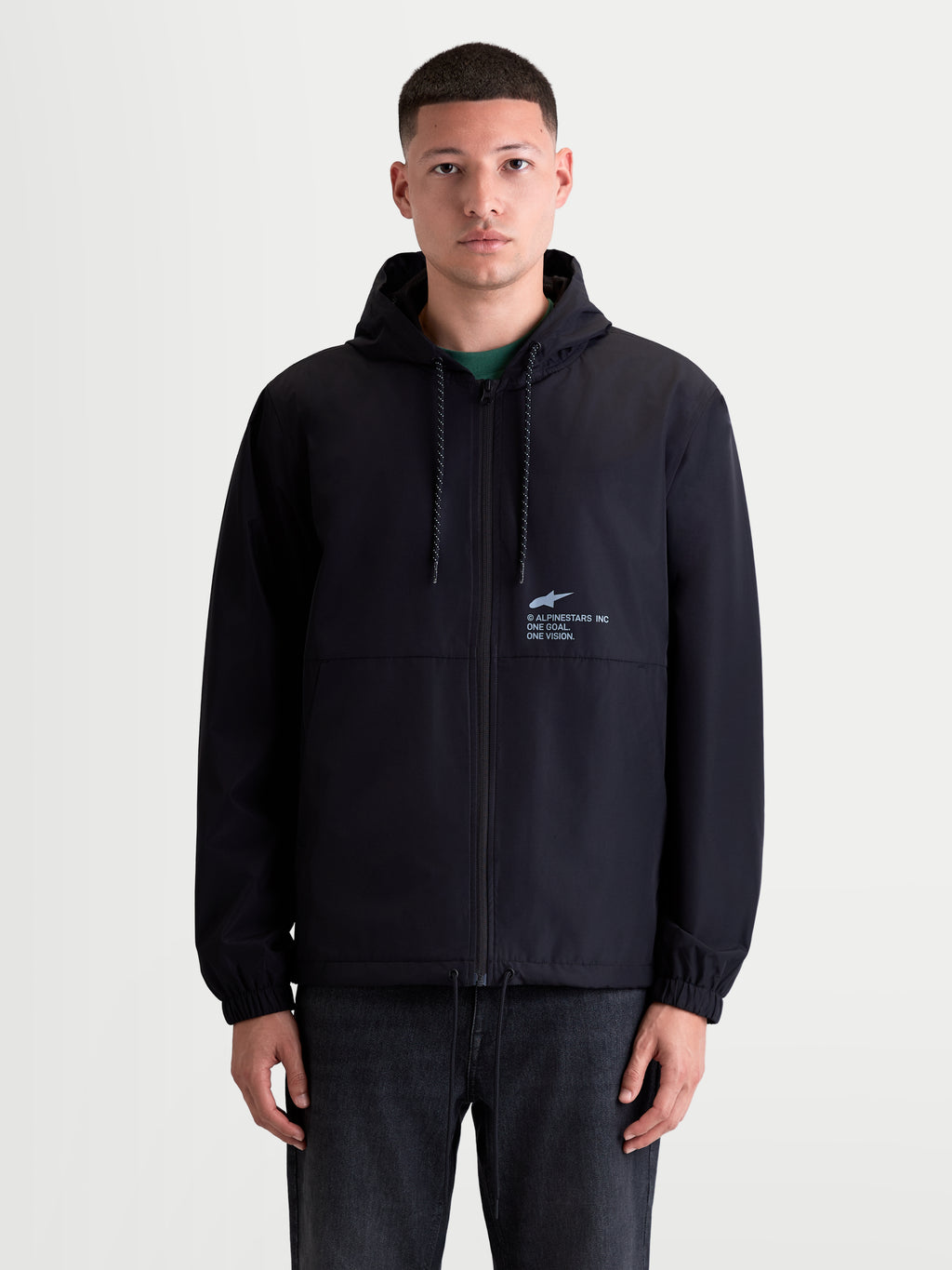 Alpinestars Giacca Frangivento Speeder Resolve, giacca frangivento da uomo leggera, nera, dotata di cappuccio regolabile, fodera in rete e branding 'One Goal. One Vision.' sul petto, stile sportivo e urbano