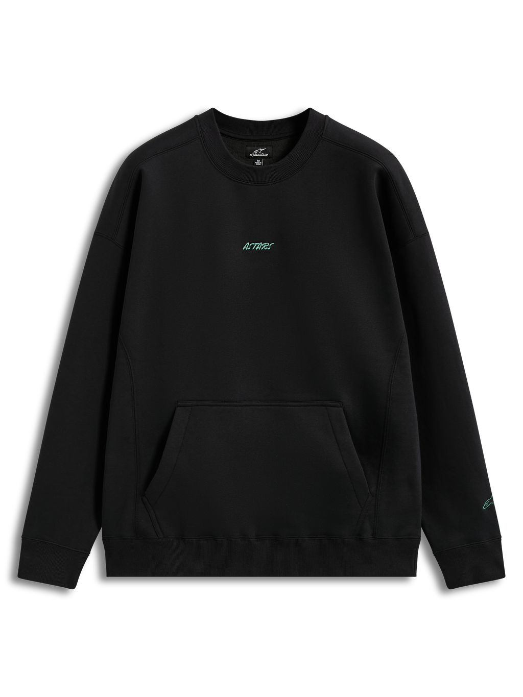 Alpinestars Guise Oversized Crew, felpa girocollo oversize nera in pile, con tasca a marsupio e logo Astars ricamato ottanio.