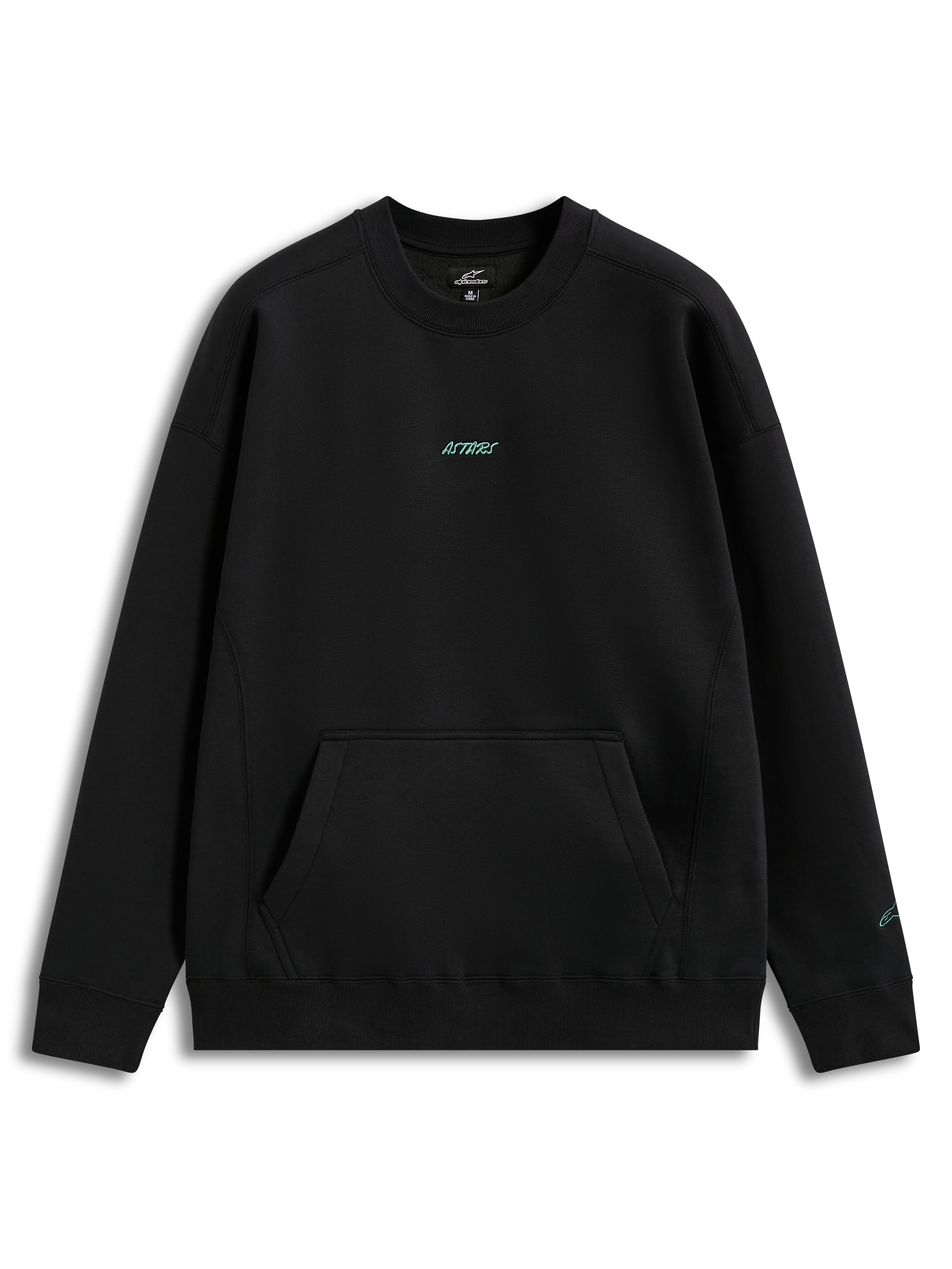 Alpinestars Guise Oversized Crew, felpa girocollo oversize nera in pile, con tasca a marsupio e logo Astars ricamato ottanio.