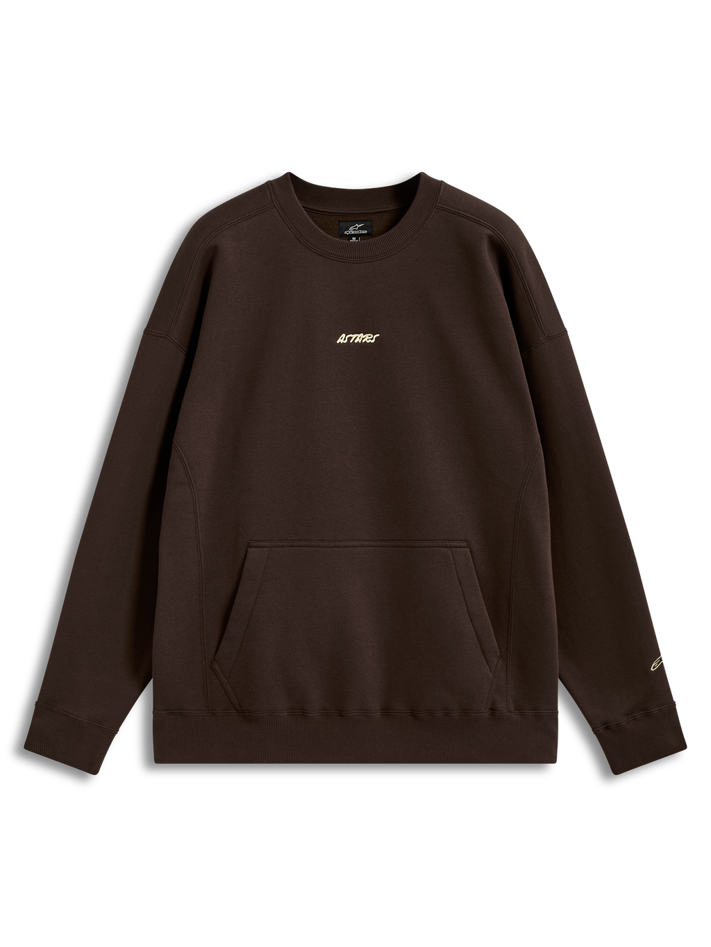 Alpinestars Guise Oversized Crew, felpa girocollo marrone in pile a vestibilità oversize, tasca a marsupio frontale, logo Astars ricamato sul petto e sulla manica, polsini a costine, stile casual ispirato al motorsport.