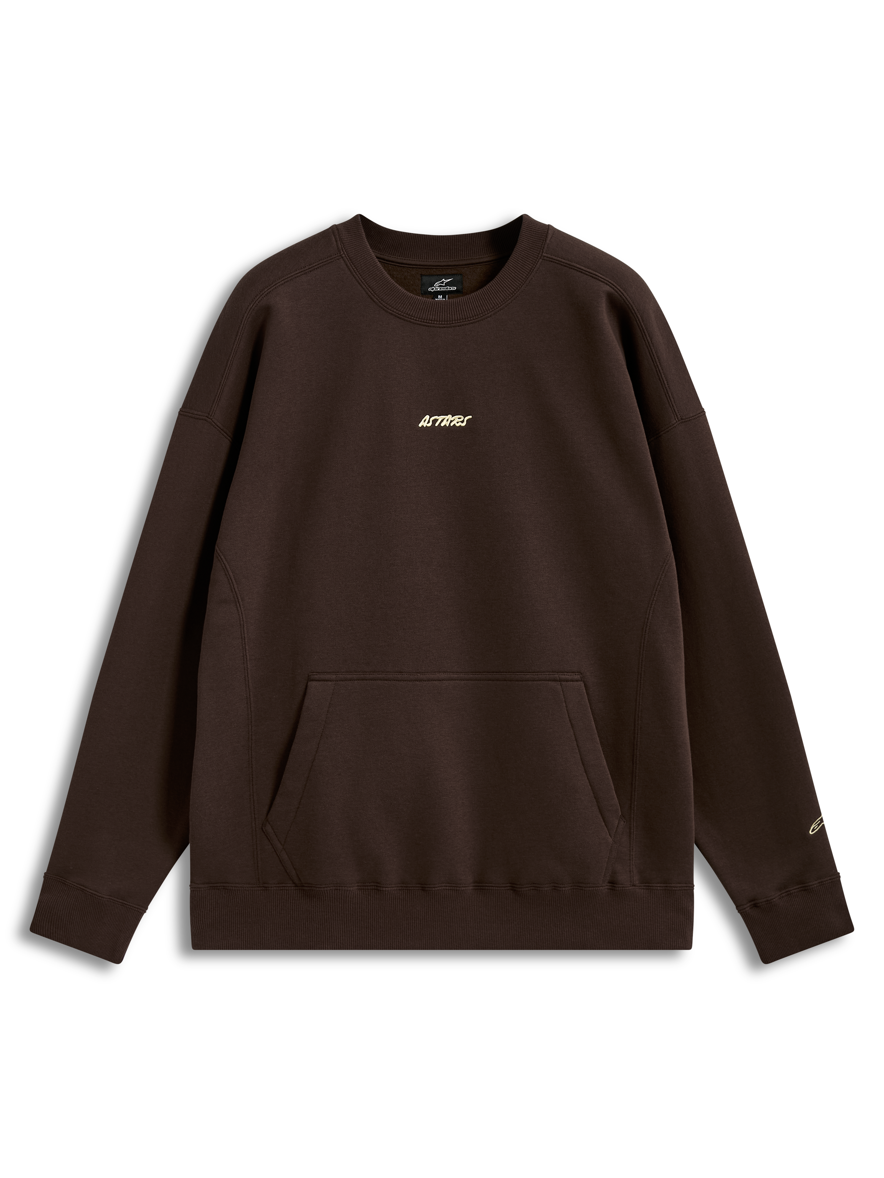 Alpinestars Guise Oversized Crew, felpa girocollo marrone in pile a vestibilità oversize, tasca a marsupio frontale, logo Astars ricamato sul petto e sulla manica, polsini a costine, stile casual ispirato al motorsport.