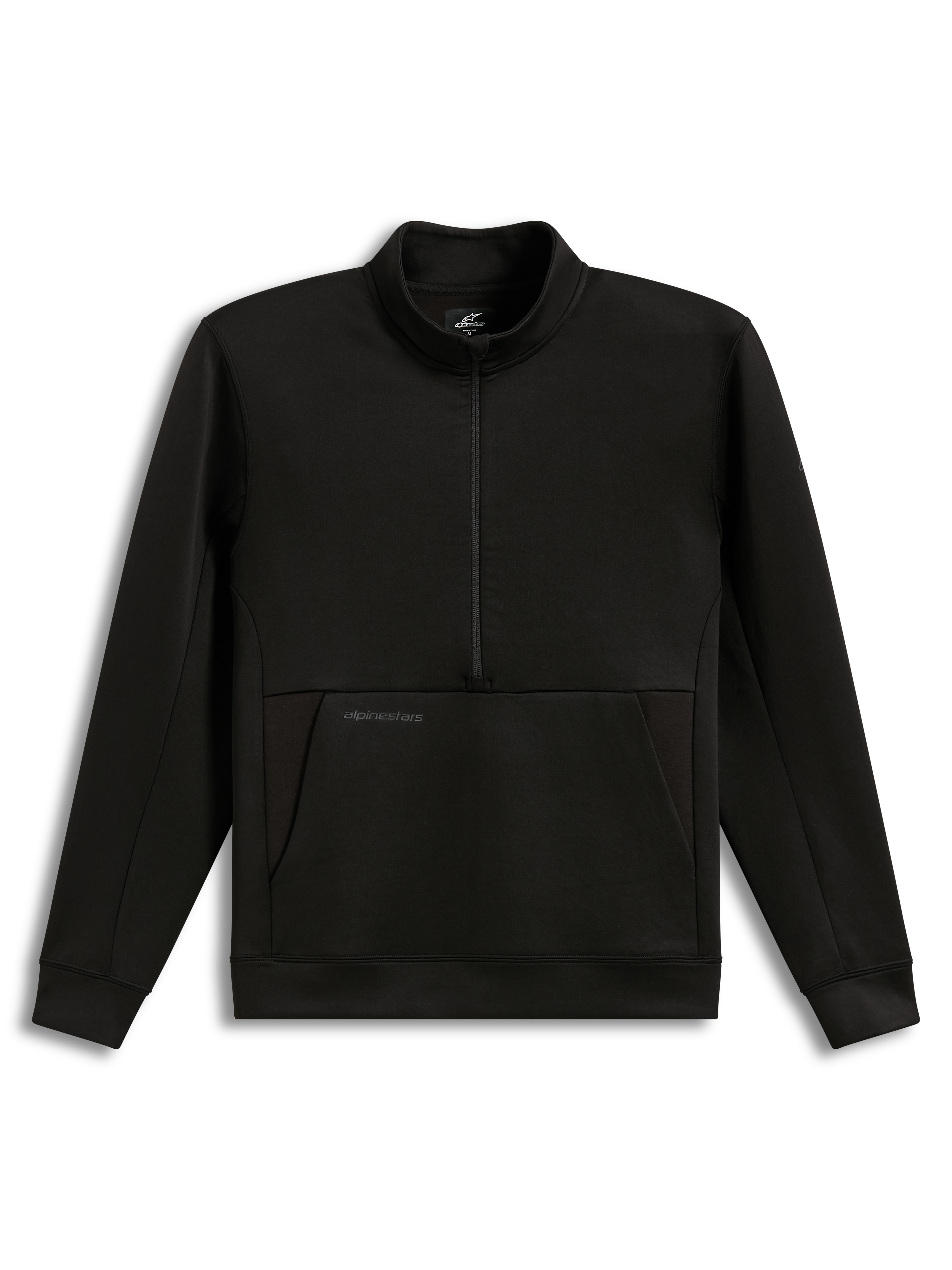 Alpinestars Apera Half-Zip Sweatshirt, felpa con mezza zip in pile nera, dotata di tasca a marsupio e loghi tonali, abbigliamento sportswear casual