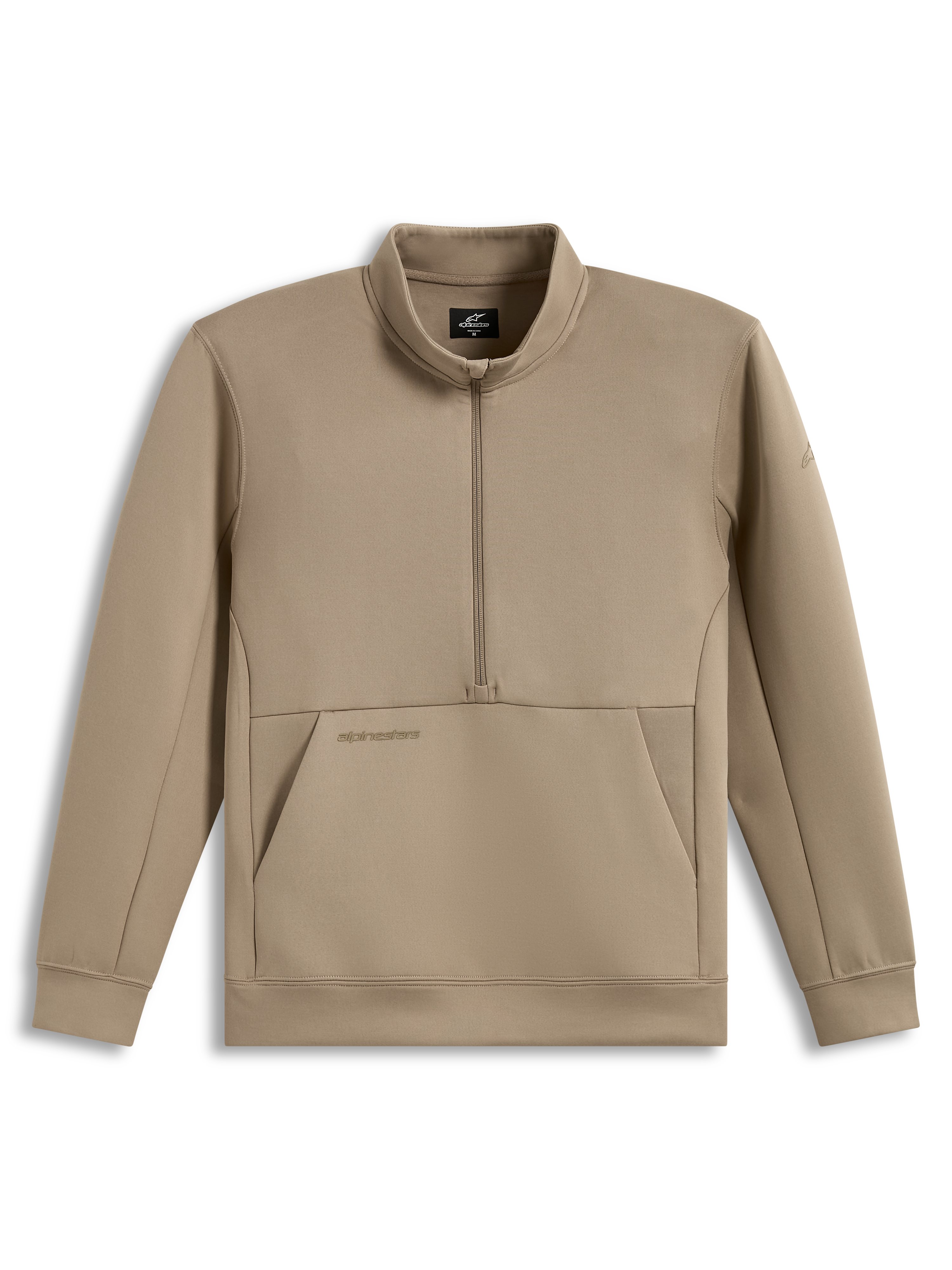 Alpinestars Apera Half-Zip Sweatshirt, felpa beige sabbia in pile con mezza zip, tasca a marsupio e loghi tonali.