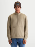 Alpinestars Felpa Apera Half-Zip, felpa sportiva casual da uomo, beige, chiusura con mezza zip, tasca a marsupio frontale e logo HD tonale, realizzata in pile tri-blend, indossata da un modello.