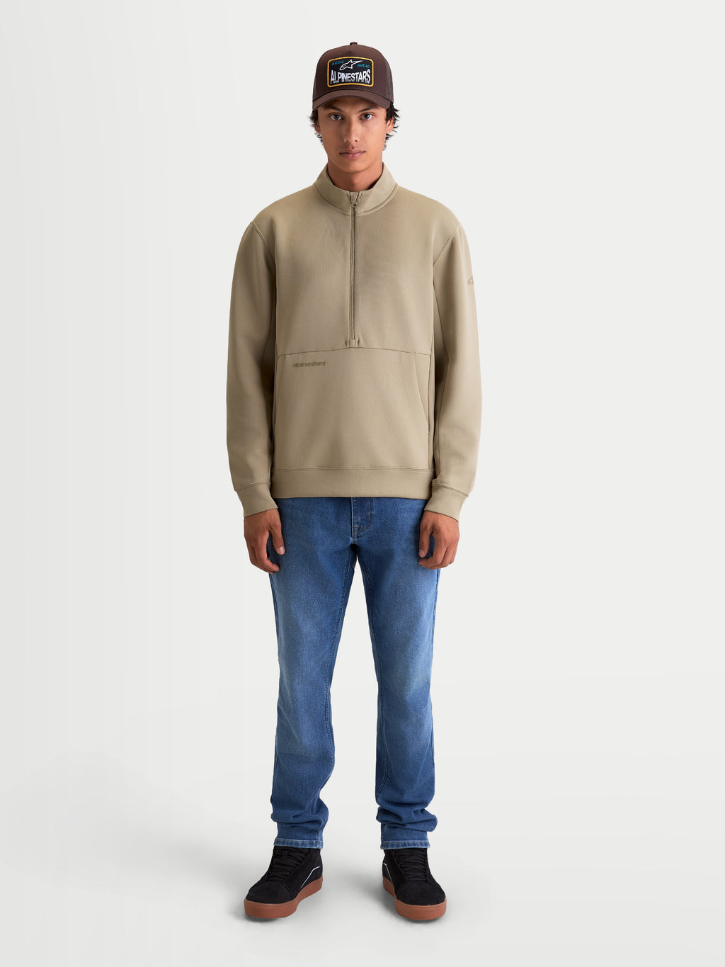Alpinestars felpa Apera Half-Zip, felpa da uomo sportswear, beige, chiusura a mezza zip e tasca a marsupio, stile casual ispirato al motorsport
