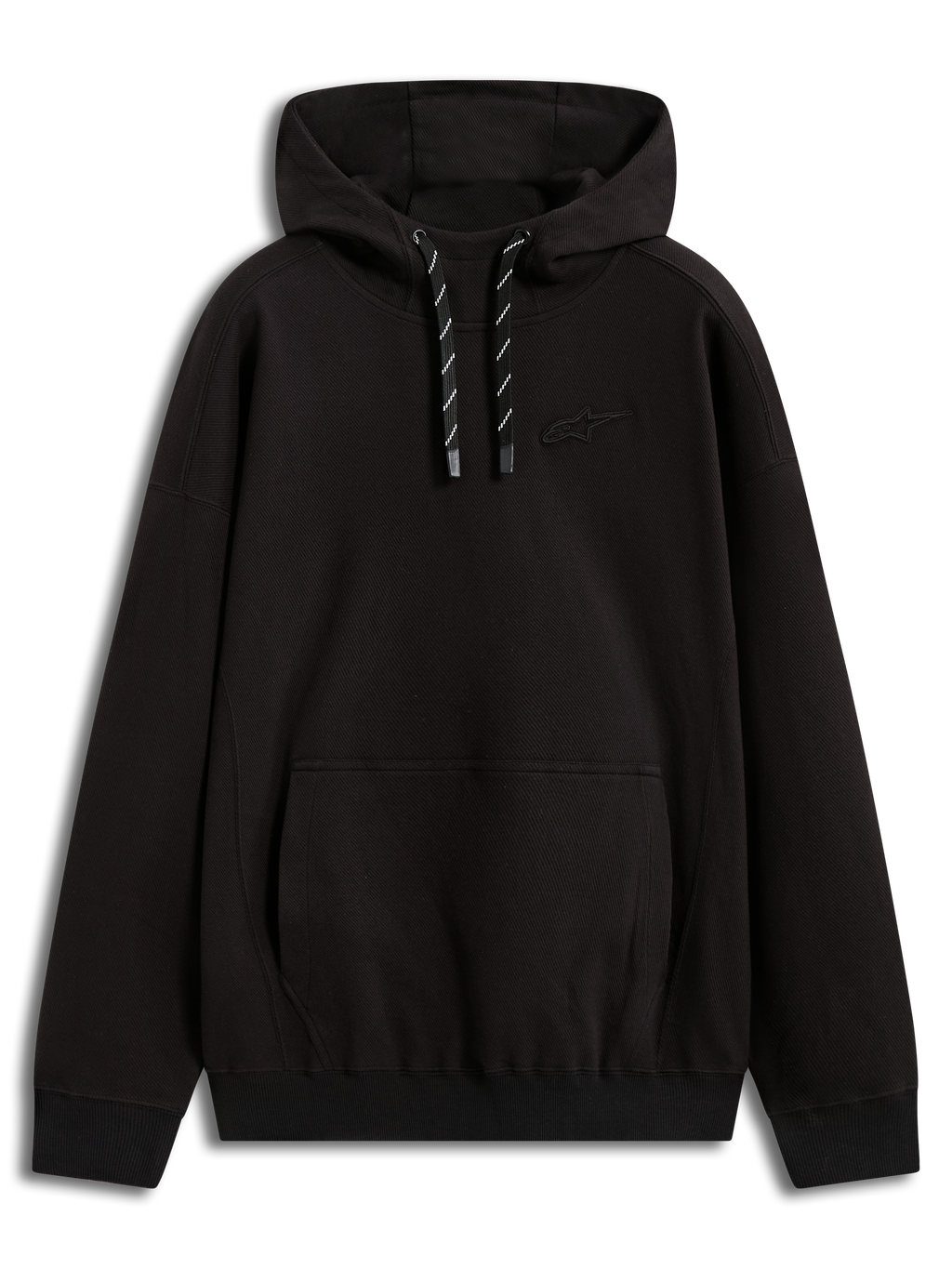 Alpinestars Camino Textured Oversized Hoodie, felpa con cappuccio nera in twill testurizzato, logo 3D e tasca a marsupio.