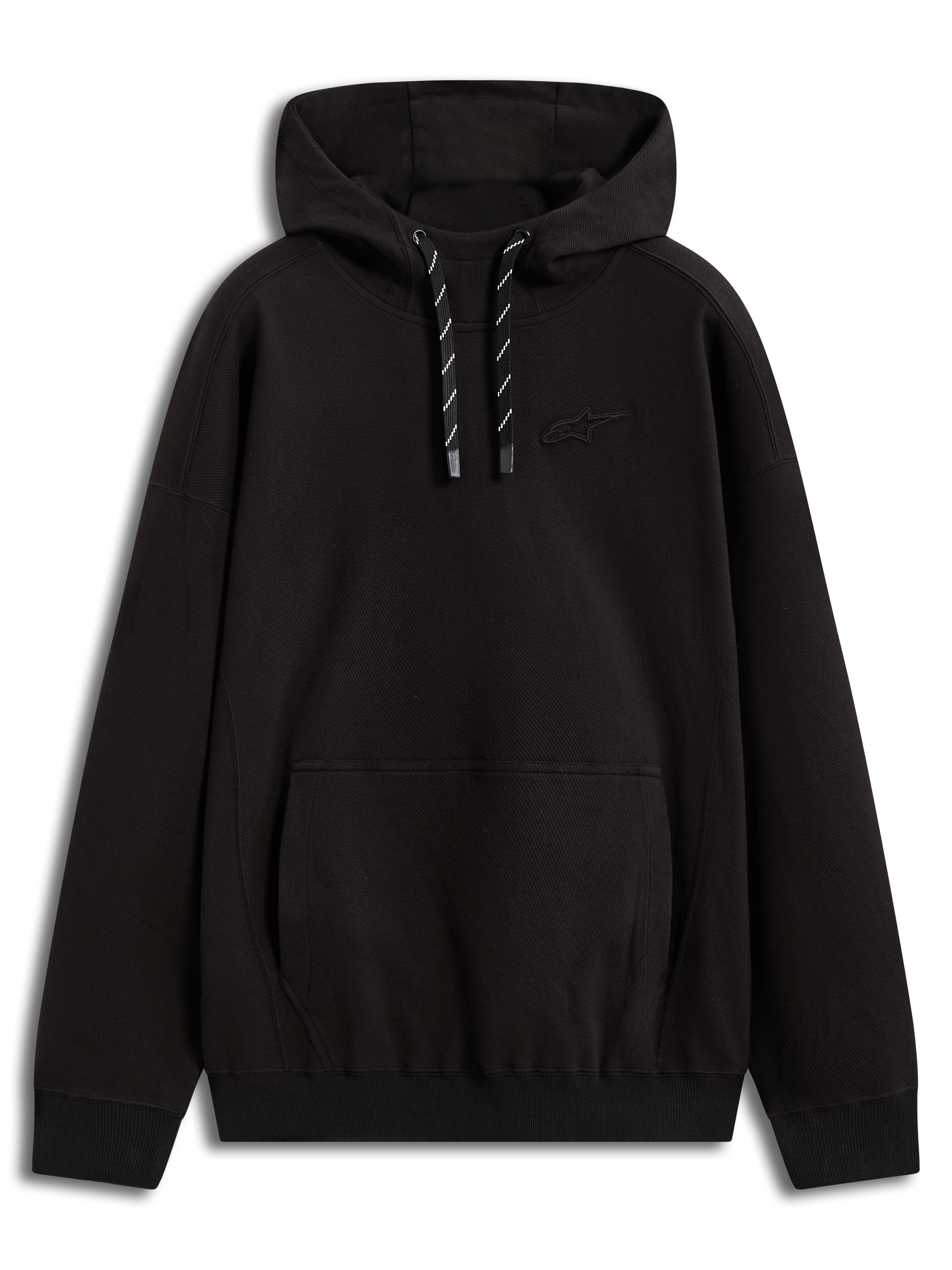 Alpinestars Camino Textured Oversized Hoodie, felpa con cappuccio nera in twill testurizzato, logo 3D e tasca a marsupio.