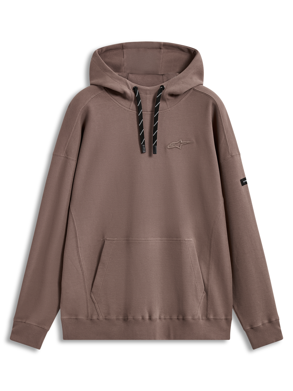Alpinestars Camino Textured Oversized Hoodie, felpa con cappuccio ampia in maglia di twill testurizzata, marrone talpa, collo alto, tasca a marsupio, logo 3D e cordini bicolore, abbigliamento casual sportswear