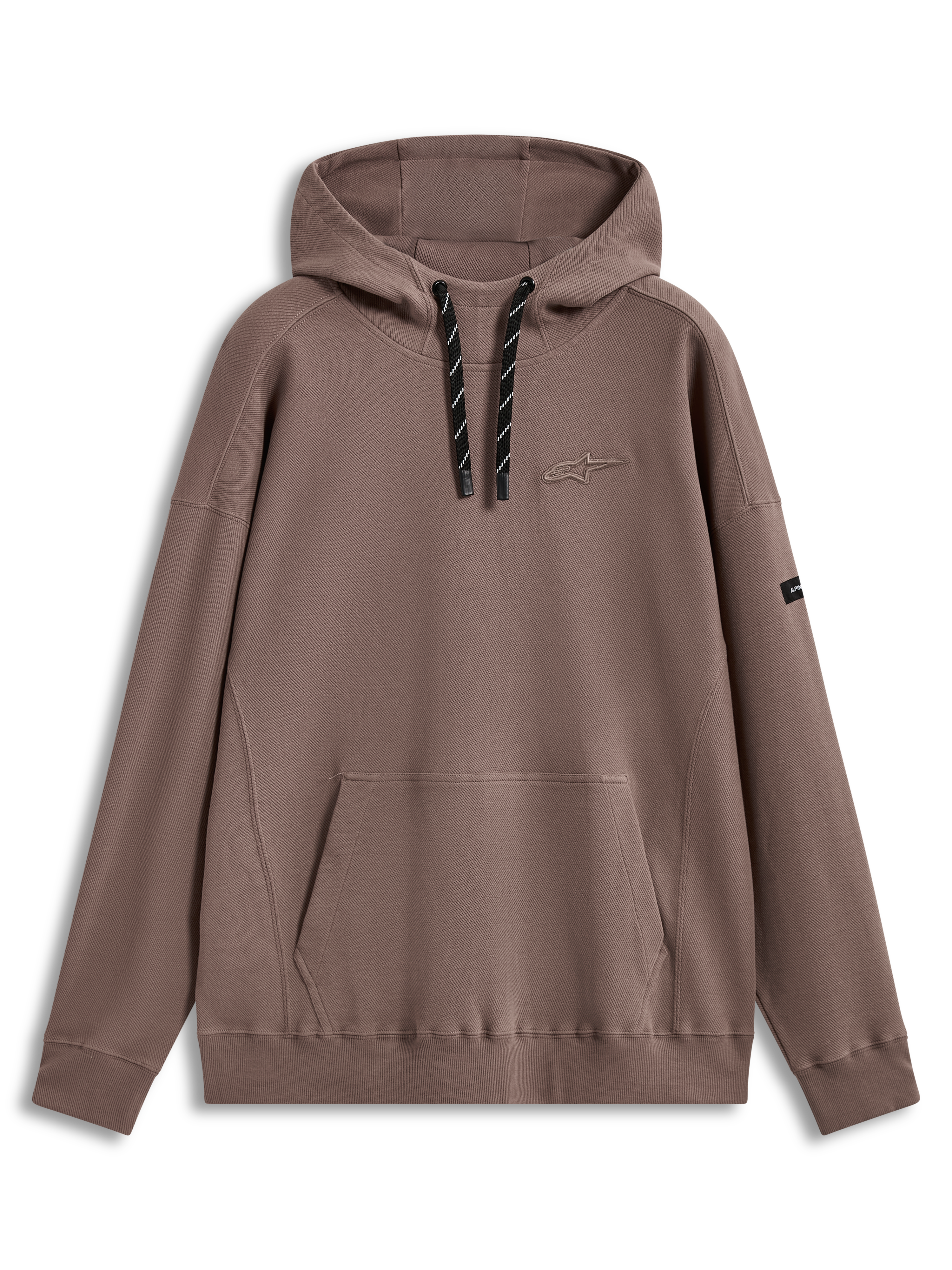 Alpinestars Camino Textured Oversized Hoodie, felpa con cappuccio ampia in maglia di twill testurizzata, marrone talpa, collo alto, tasca a marsupio, logo 3D e cordini bicolore, abbigliamento casual sportswear