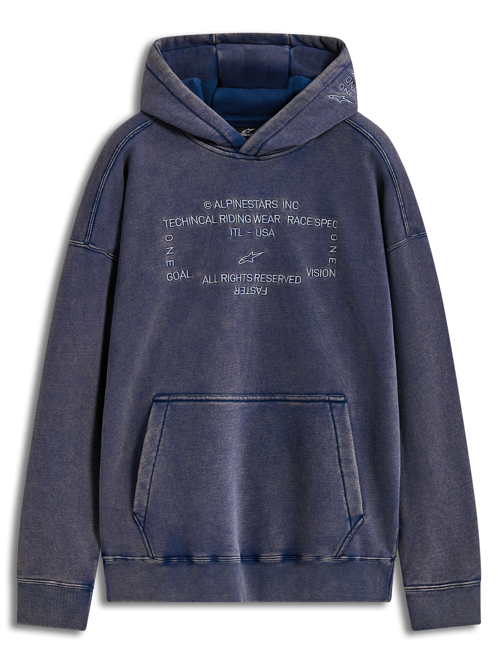 Alpinestars Infinite Washed Oversized Hoodie, felpa blu snow wash con tasca a marsupio, loghi Alpinestars Word ricamati sul petto e sul cappuccio, abbigliamento sportswear casual