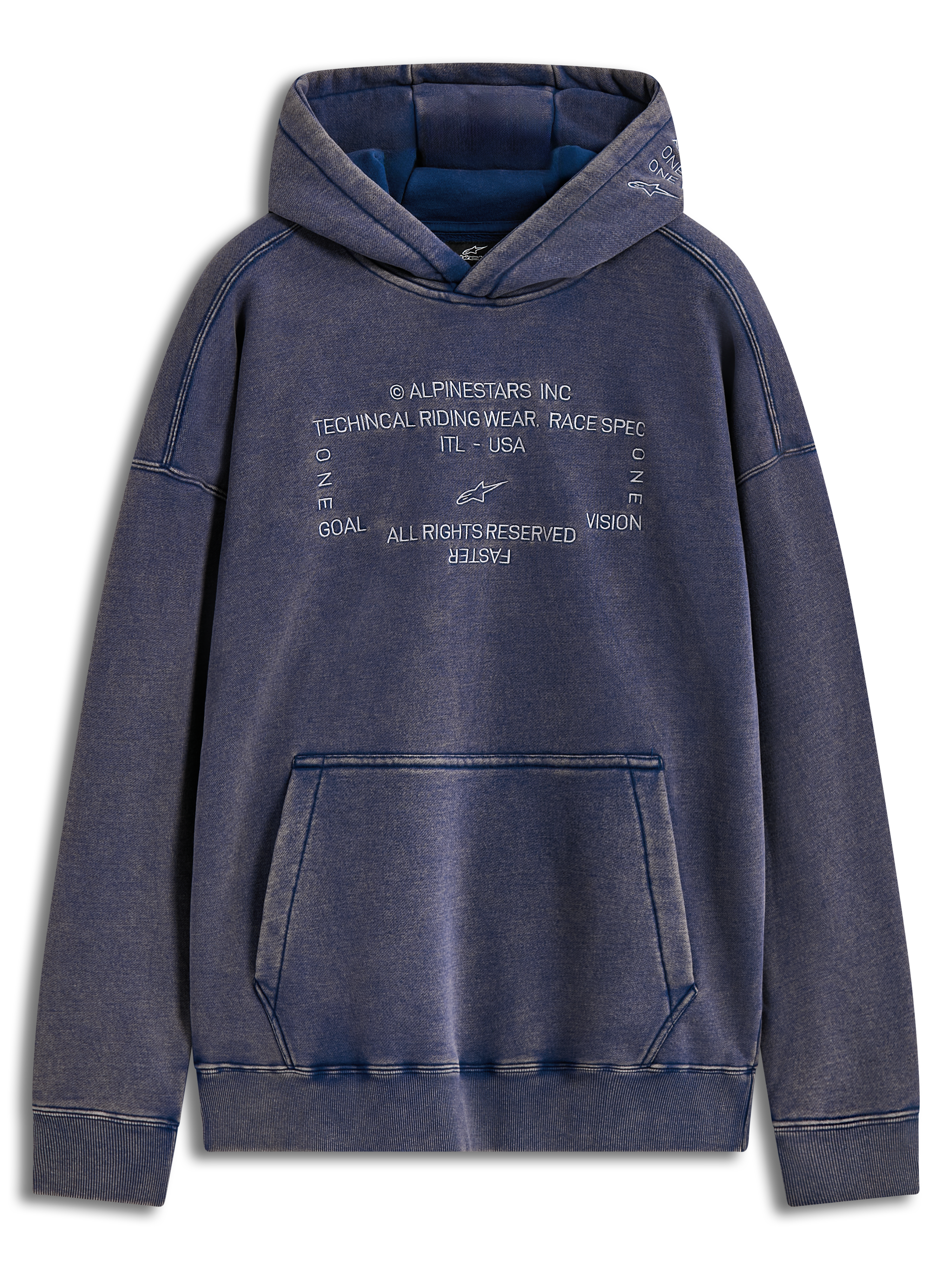 Alpinestars Infinite Washed Oversized Hoodie, felpa blu snow wash con tasca a marsupio, loghi Alpinestars Word ricamati sul petto e sul cappuccio, abbigliamento sportswear casual