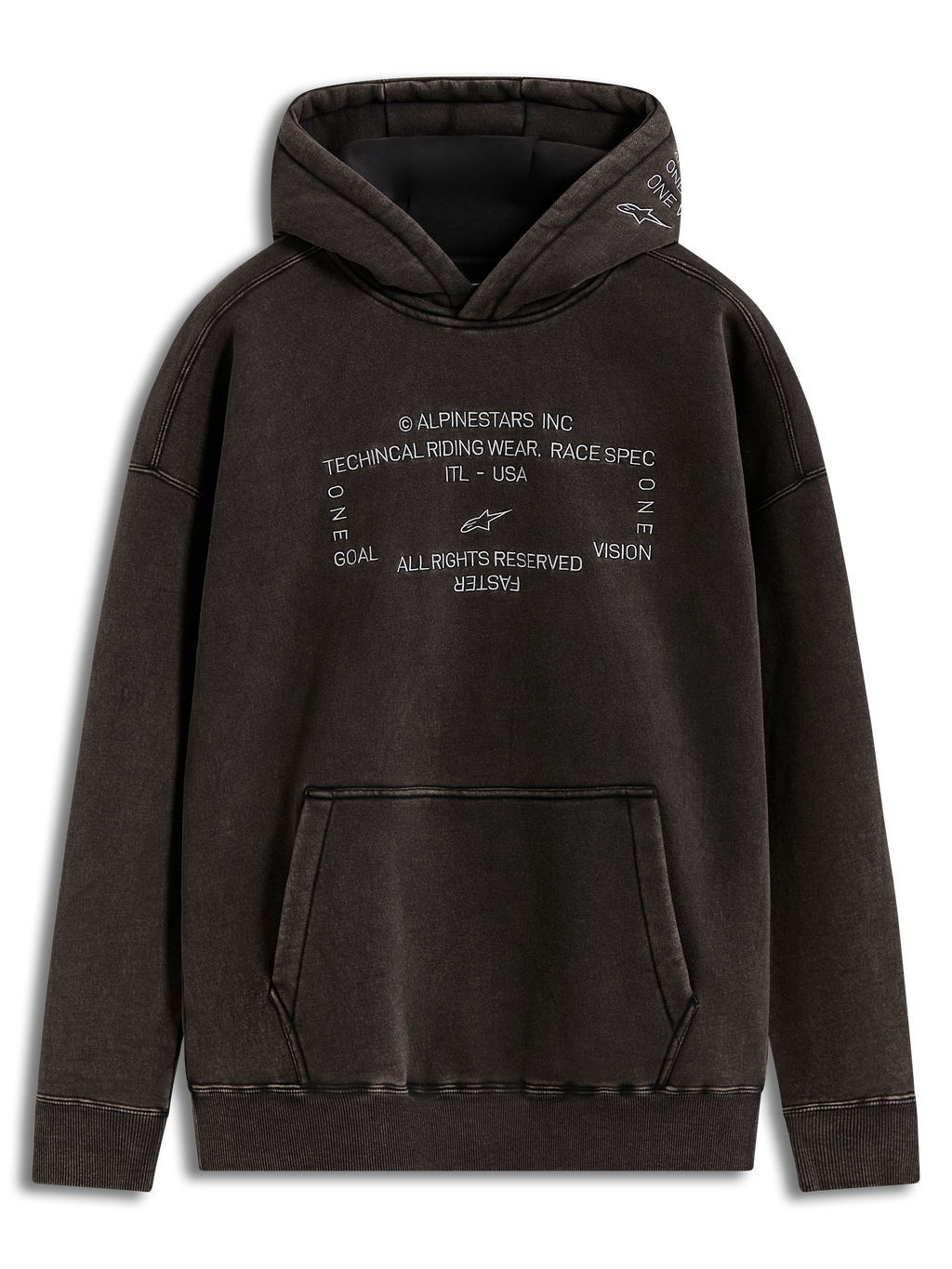 Alpinestars Infinite Washed Oversized Hoodie, felpa con cappuccio in pile, nero lavato effetto neve, loghi ricamati racing-spec e tasca a marsupio.