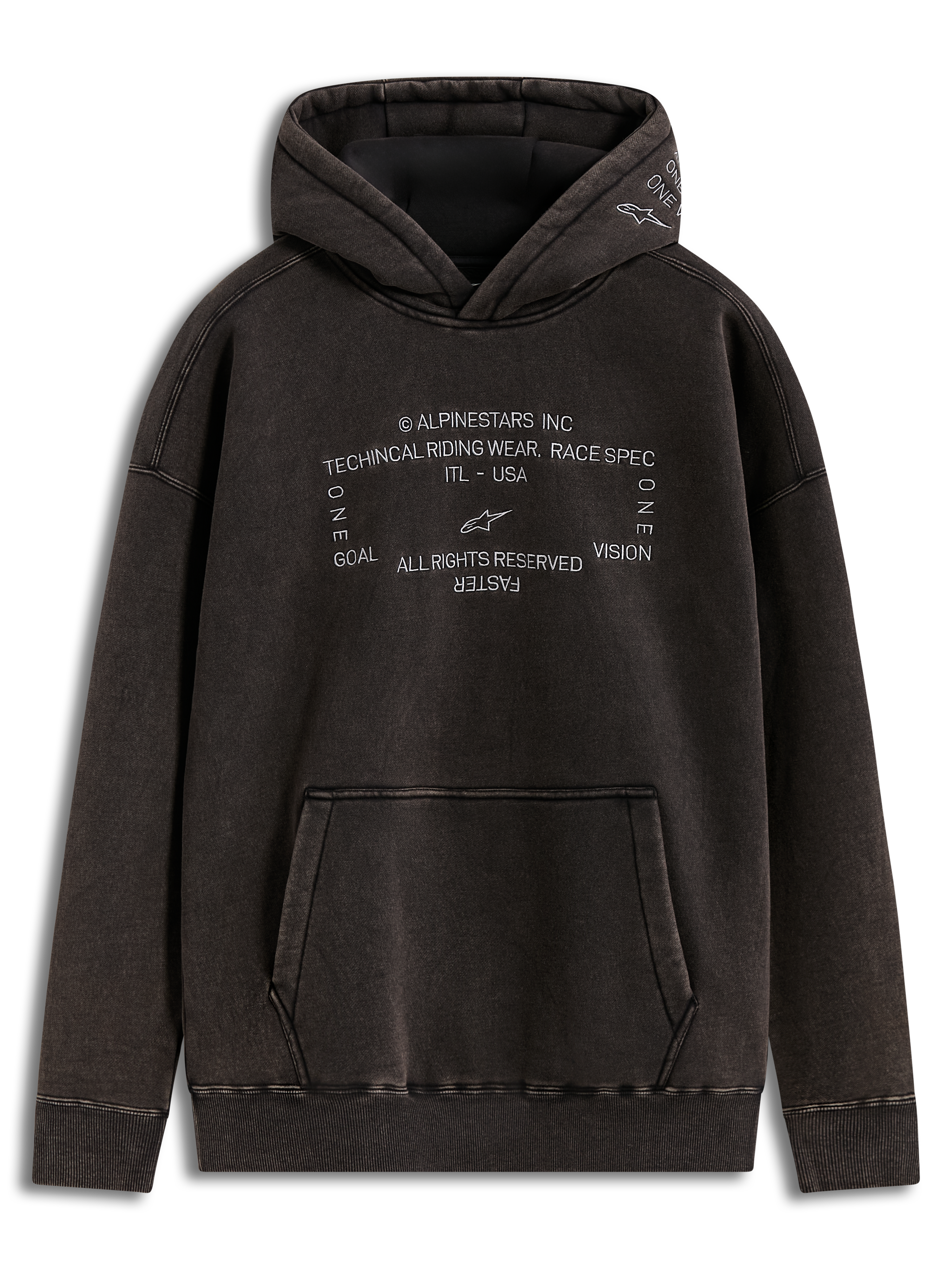 Alpinestars Infinite Washed Oversized Hoodie, felpa con cappuccio in pile, nero lavato effetto neve, loghi ricamati racing-spec e tasca a marsupio.