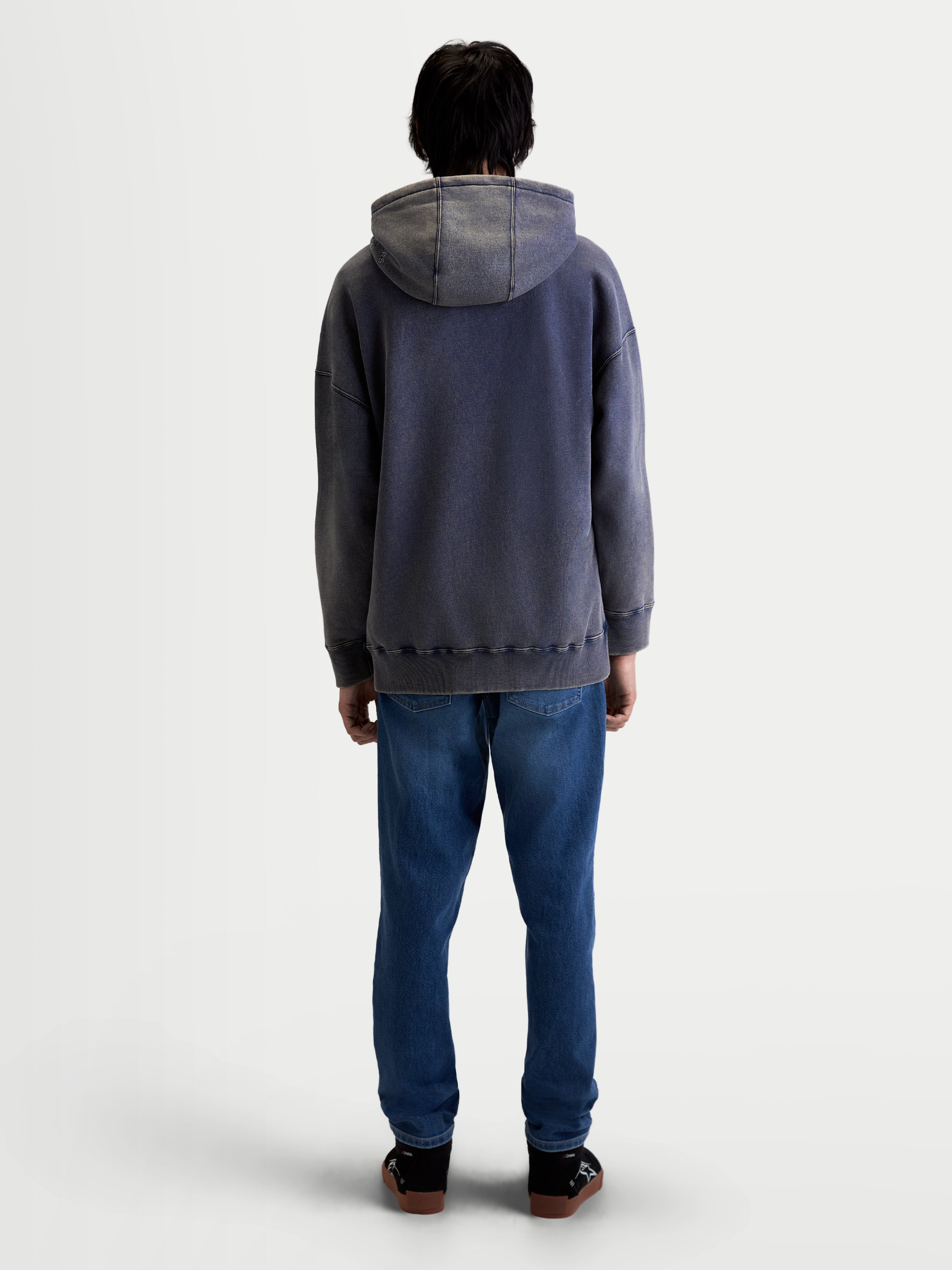 Alpinestars Felpa con cappuccio Infinite Washed Oversized, felpa sportswear da uomo, blu lavato, in cotone e poliestere riciclato, vista posteriore con vestibilità oversize rilassata e texture in pile snow-wash