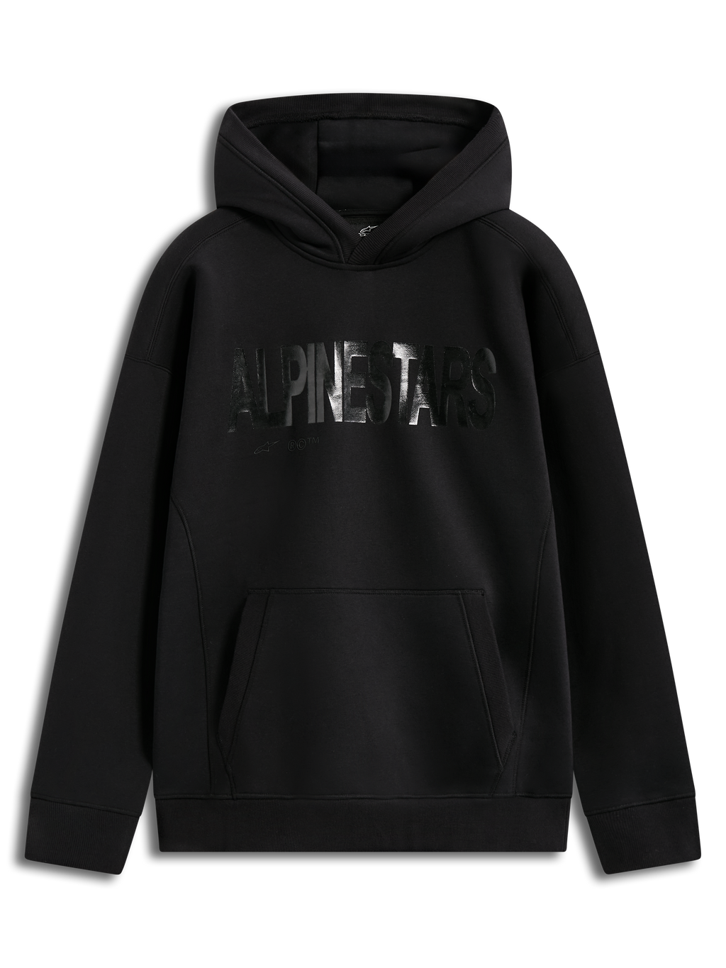 Alpinestars Shaw Oversized Hoodie, felpa con cappuccio nera in pile, logo Alpinestars testurizzato effetto nastro sul petto e tasca a marsupio, stile sportswear casual