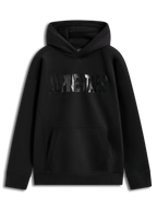 Alpinestars Shaw Oversized Hoodie, felpa con cappuccio nera in pile, logo Alpinestars testurizzato effetto nastro sul petto e tasca a marsupio, stile sportswear casual