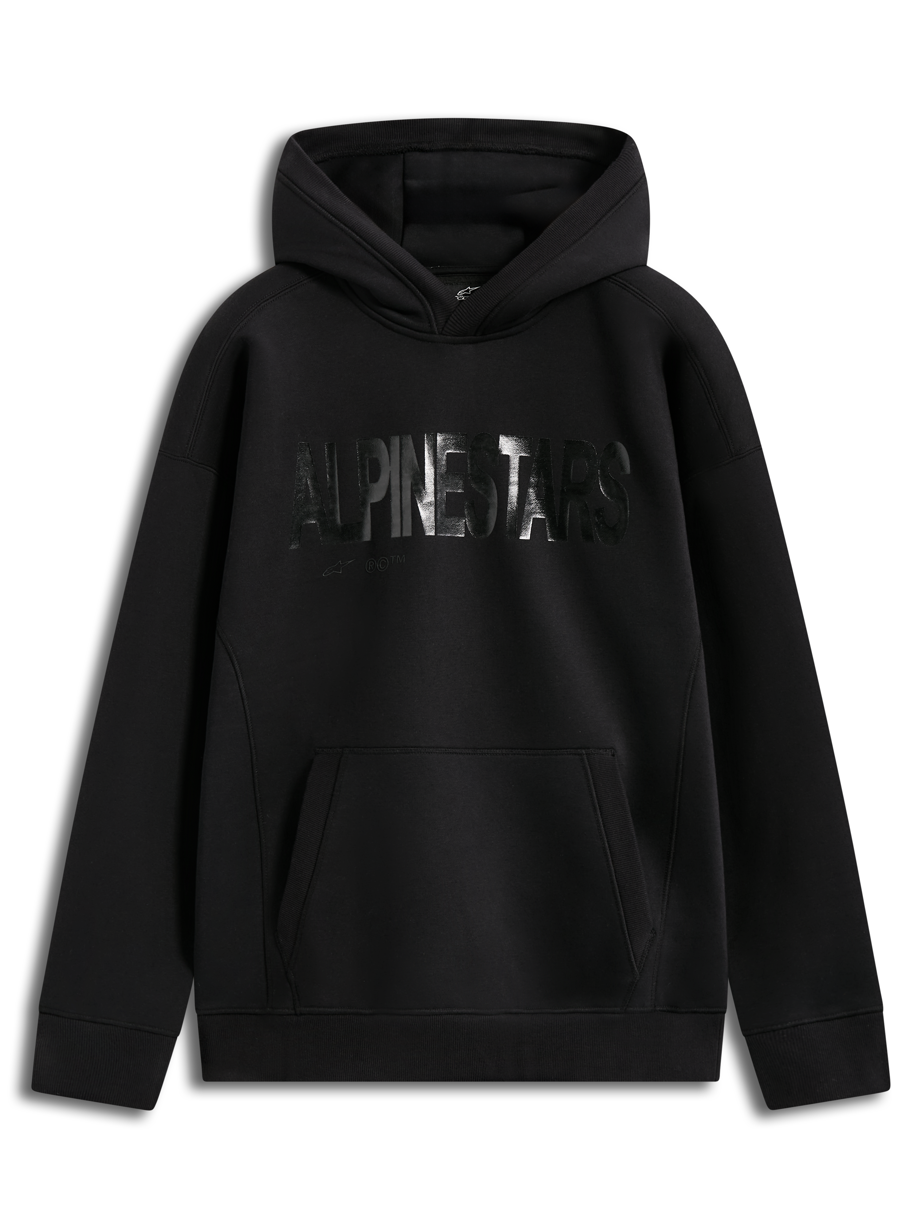 Alpinestars Shaw Oversized Hoodie, felpa con cappuccio nera in pile, logo Alpinestars testurizzato effetto nastro sul petto e tasca a marsupio, stile sportswear casual