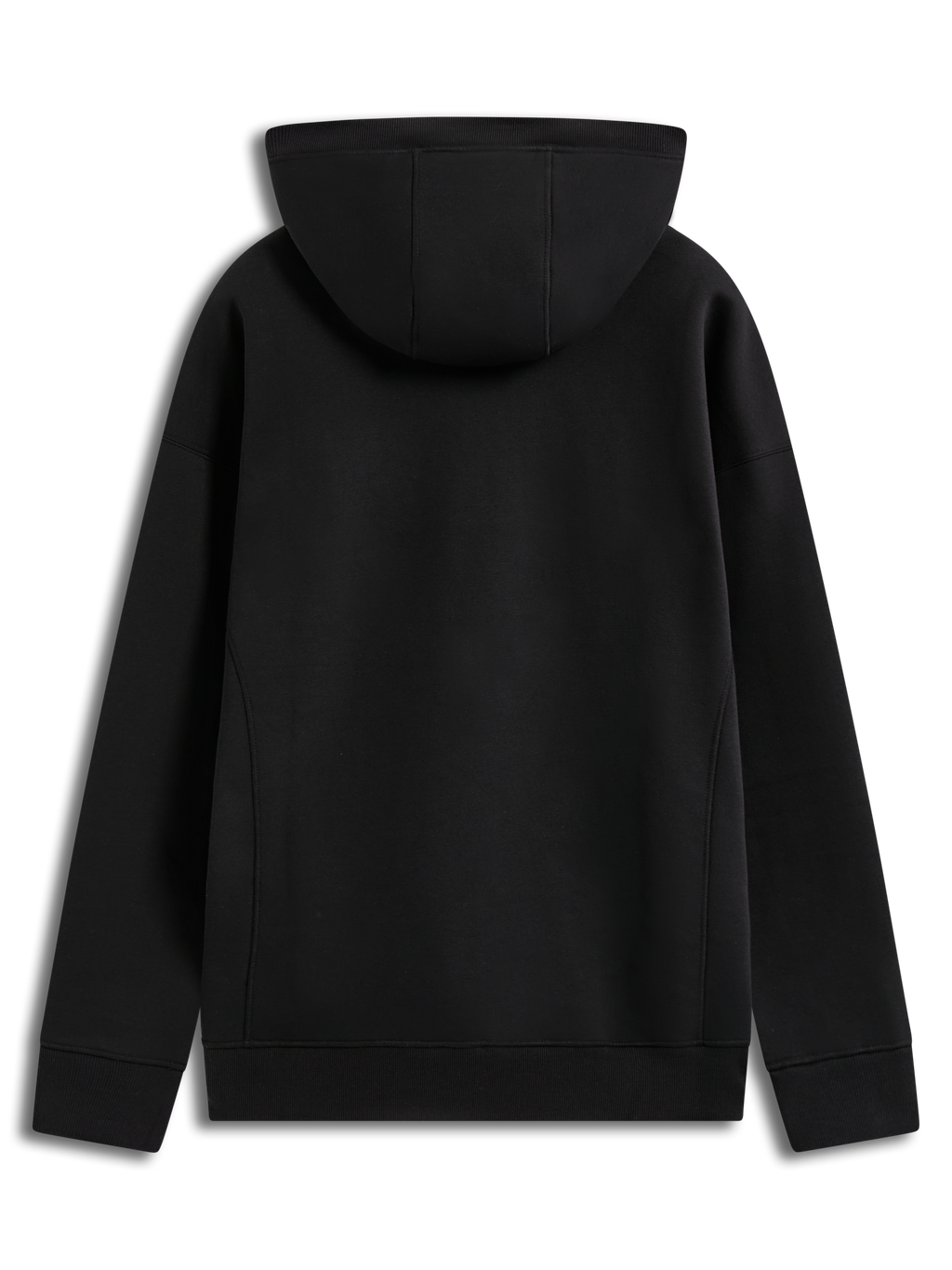Alpinestars Shaw Oversized Hoodie, felpa con cappuccio nera, vista posteriore con cuciture sagomate e bordi a coste in pile.