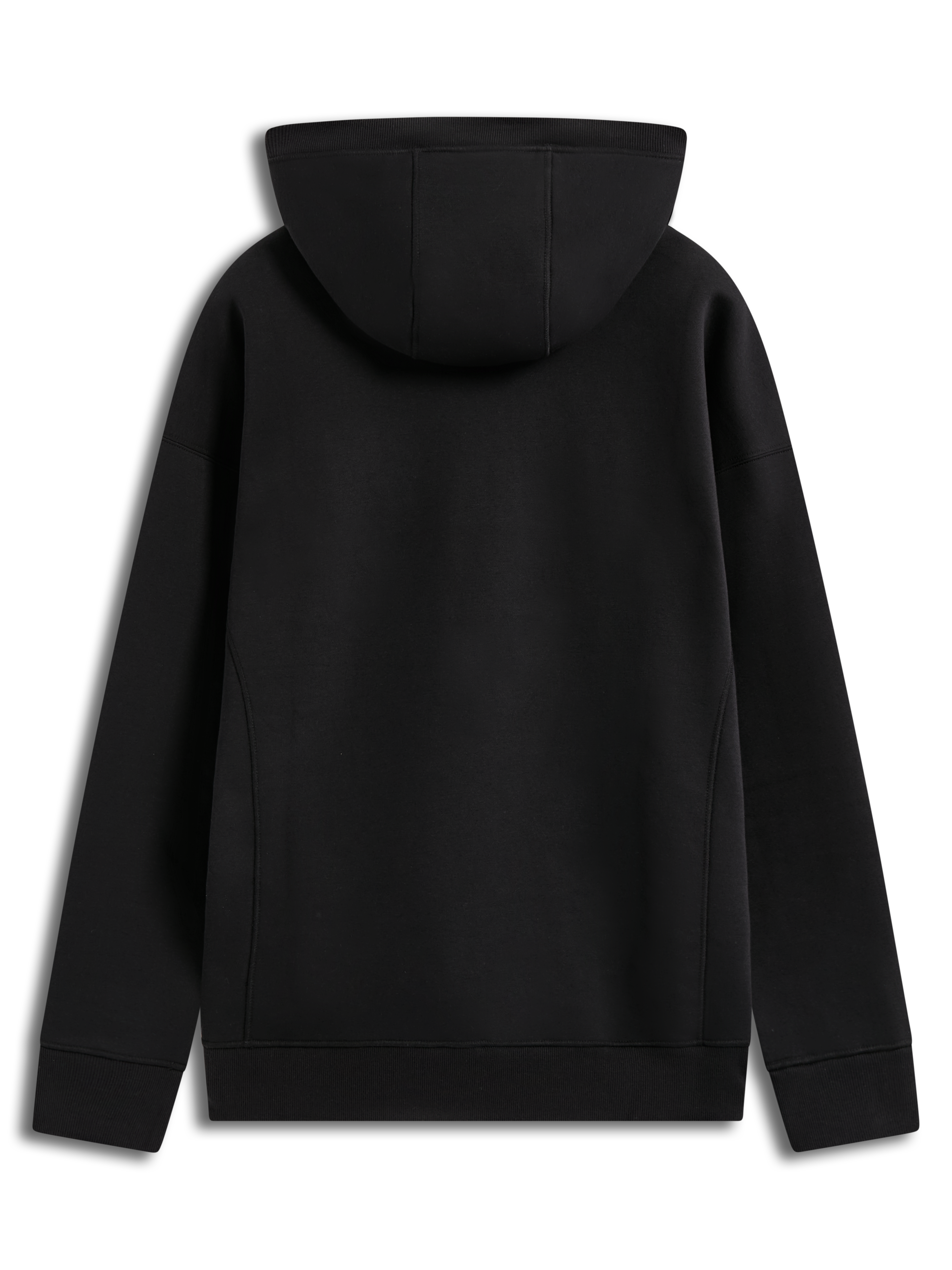 Alpinestars Shaw Oversized Hoodie, felpa con cappuccio nera, vista posteriore con cuciture sagomate e bordi a coste in pile.