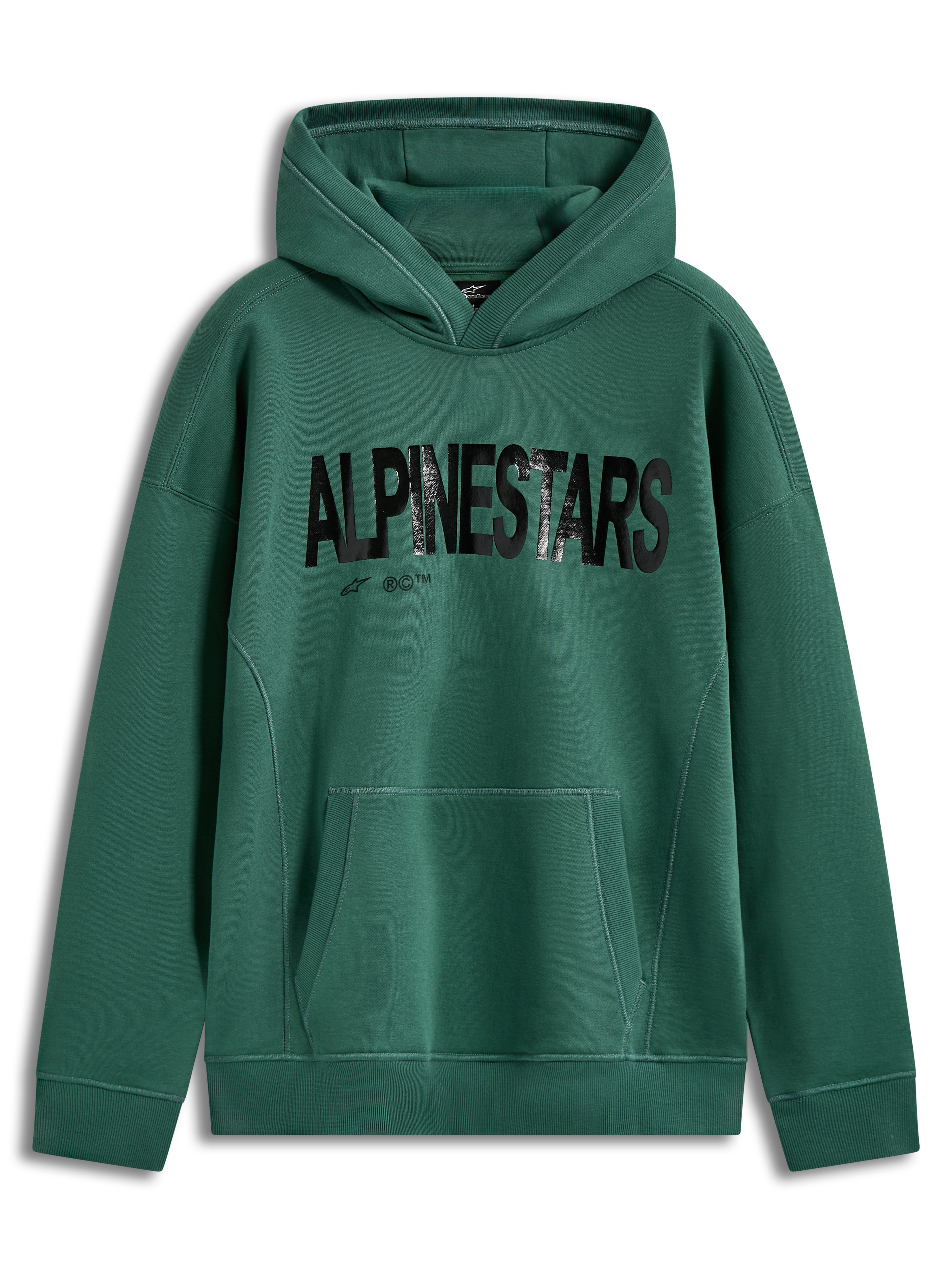 Alpinestars Shaw Oversized Hoodie, felpa con cappuccio, verde, logo nero testurizzato e tasca a marsupio, stile sportswear.